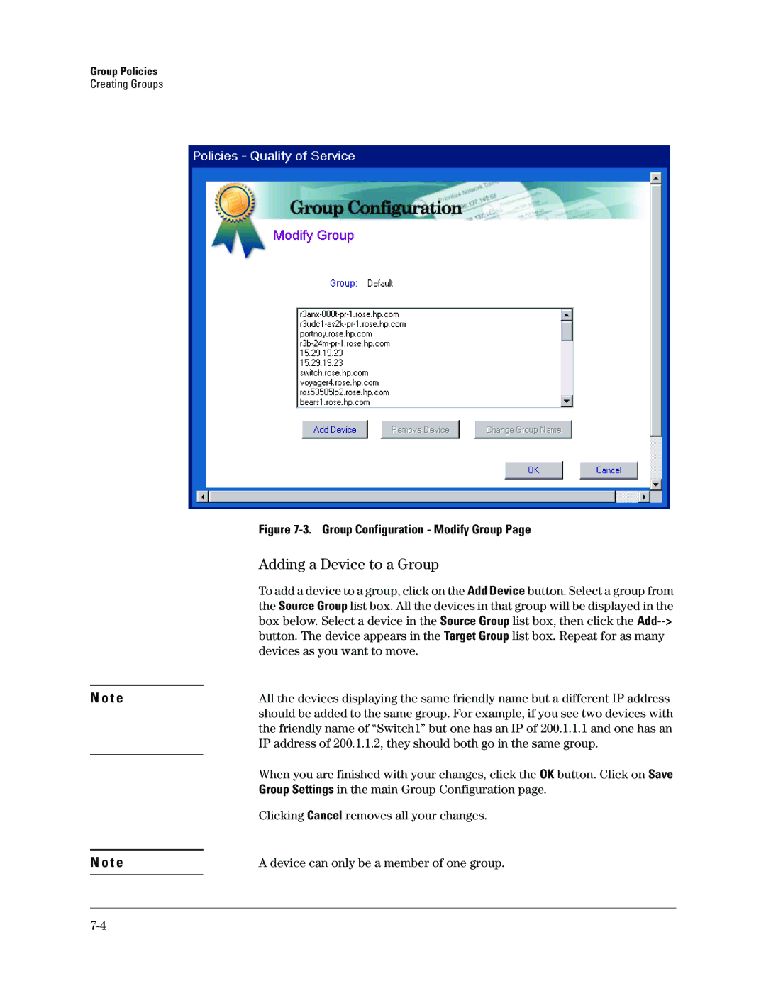 HP Networking TopTool Products manual Adding a Device to a Group, Group Configuration Modify Group 