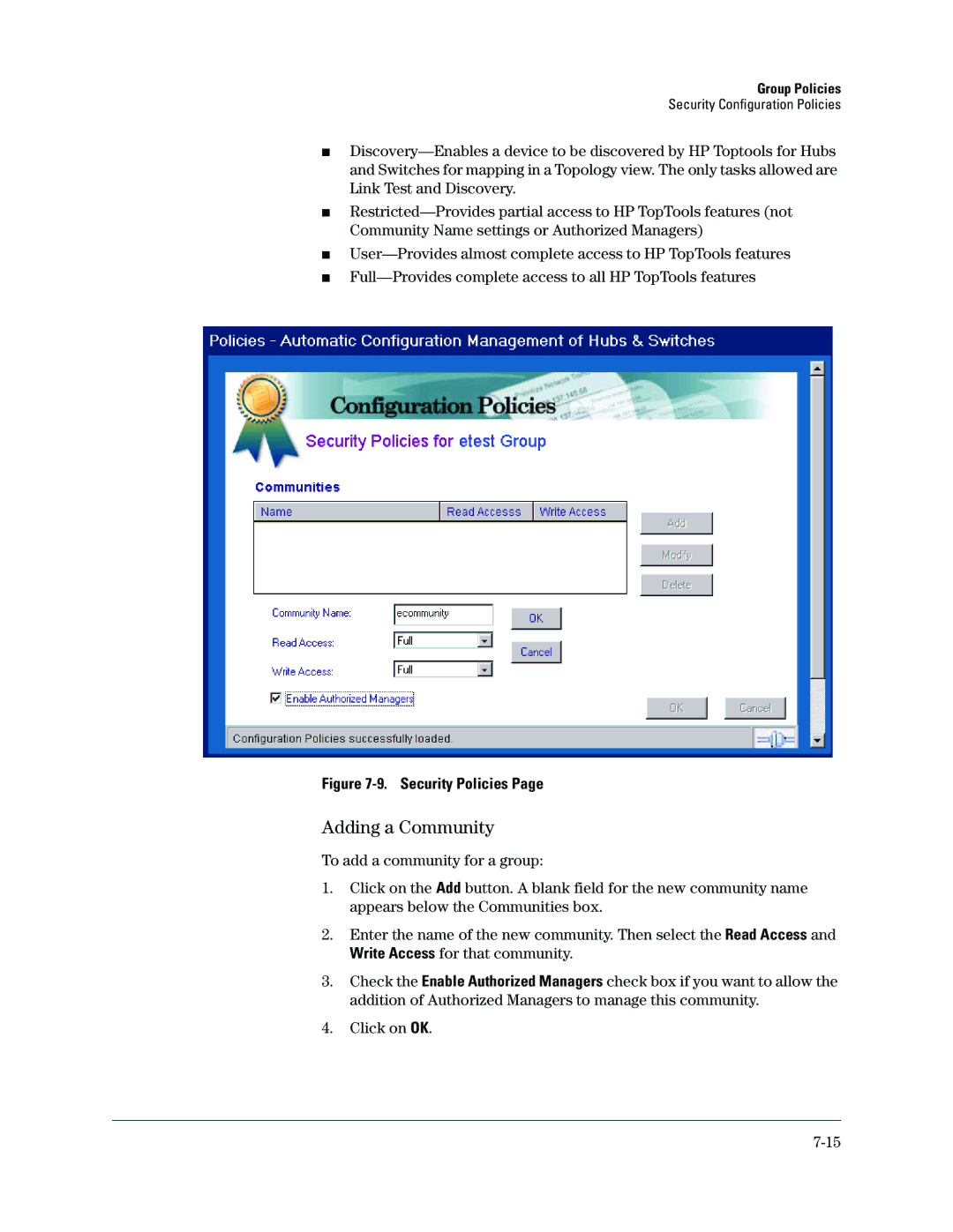 HP Networking TopTool Products manual Adding a Community, Security Policies 