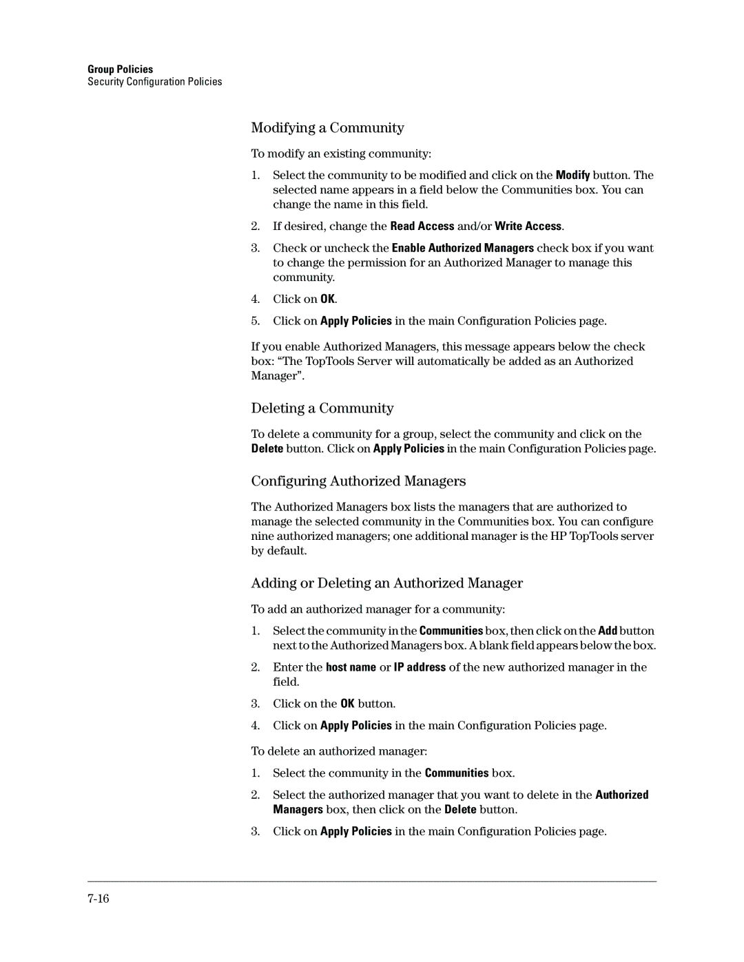 HP Networking TopTool Products manual Modifying a Community, Deleting a Community, Configuring Authorized Managers 