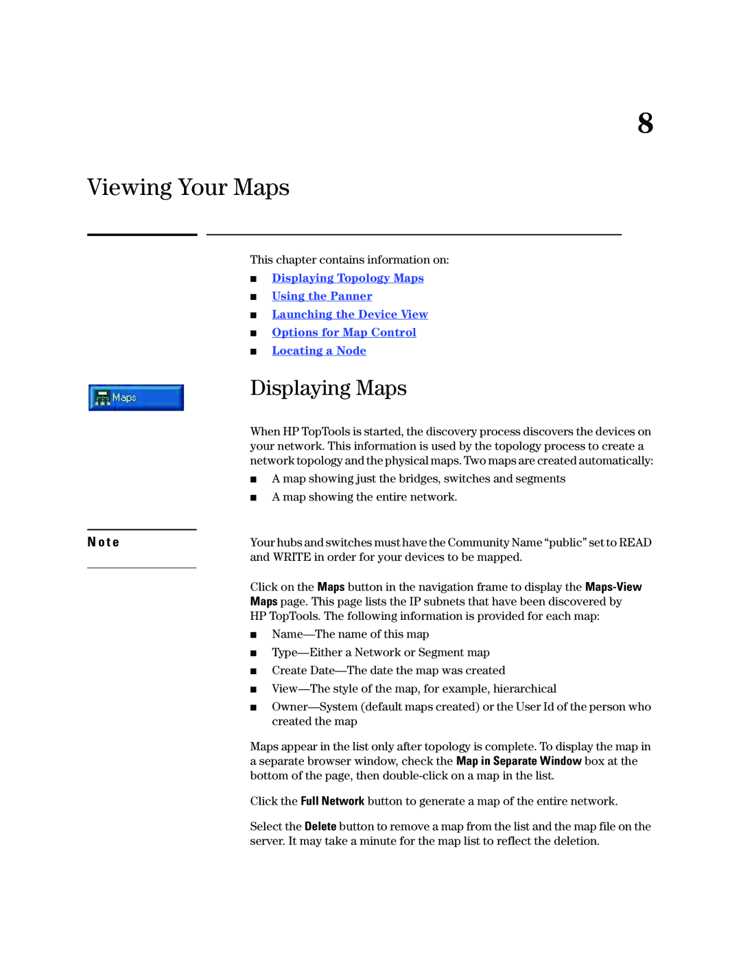 HP Networking TopTool Products manual Viewing Your Maps, Displaying Maps 