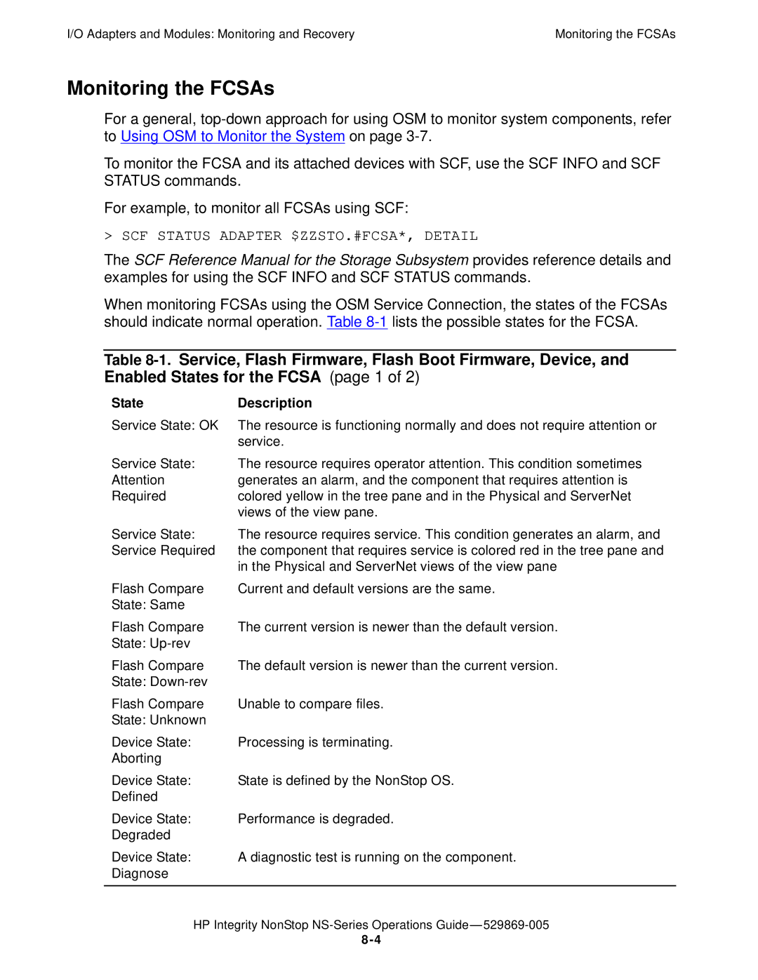 HP NonStop NS manual Monitoring the FCSAs, SCF Status Adapter $ZZSTO.#FCSA*, Detail, State Description 