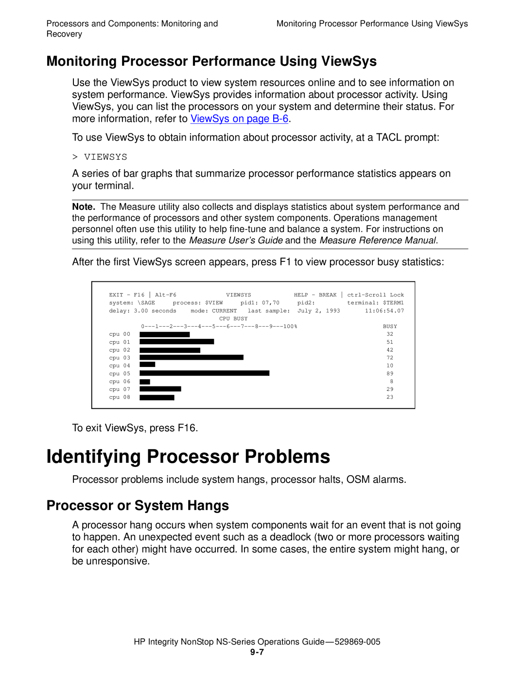 HP NonStop NS Identifying Processor Problems, Monitoring Processor Performance Using ViewSys, Processor or System Hangs 