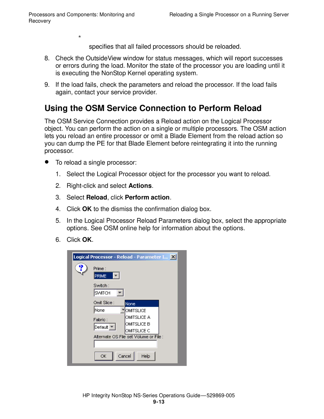 HP NonStop NS manual Using the OSM Service Connection to Perform Reload, Select Reload, click Perform action 