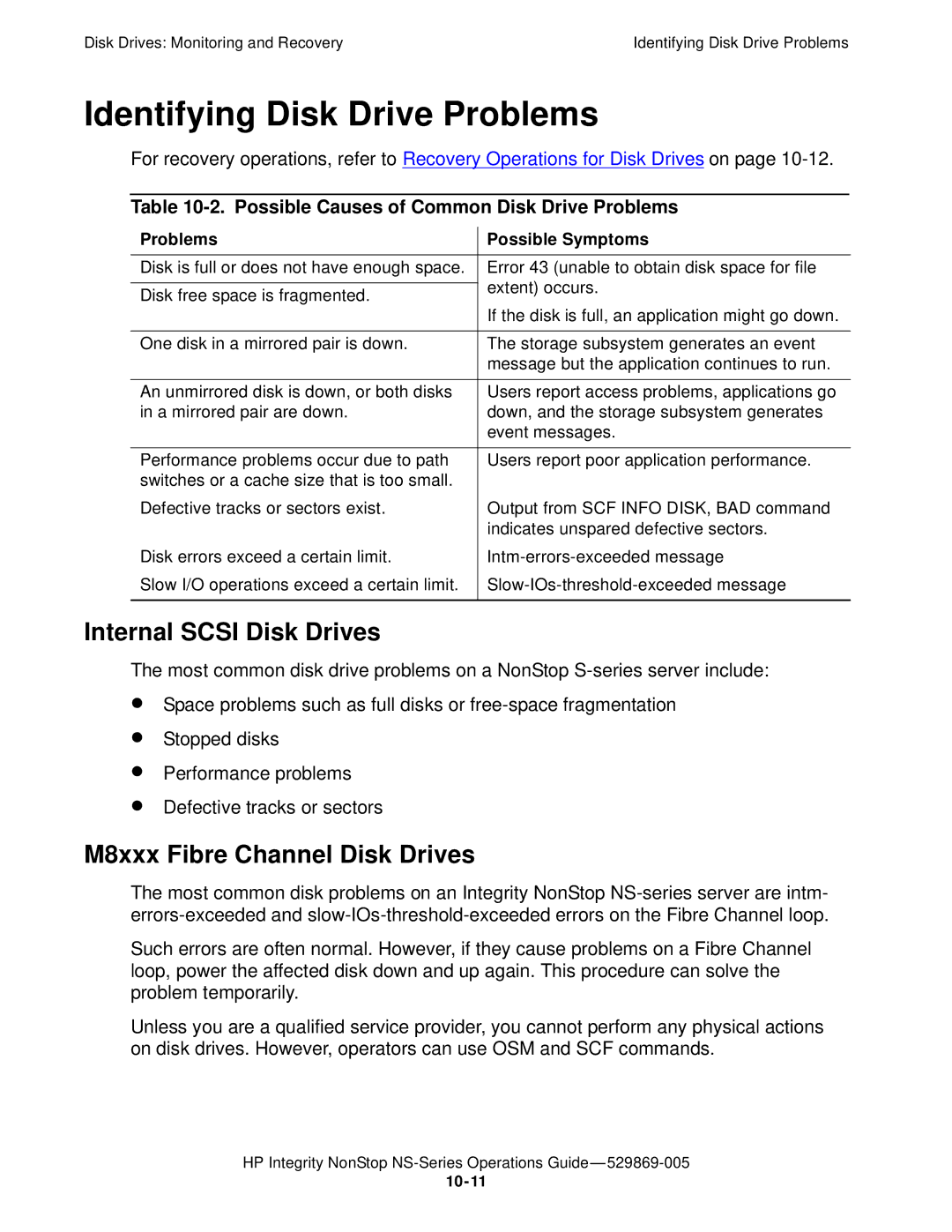 HP NonStop NS Identifying Disk Drive Problems, Possible Causes of Common Disk Drive Problems, Problems Possible Symptoms 