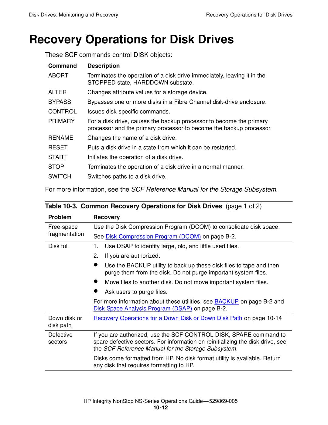 HP NonStop NS manual Recovery Operations for Disk Drives, These SCF commands control Disk objects, Command Description 