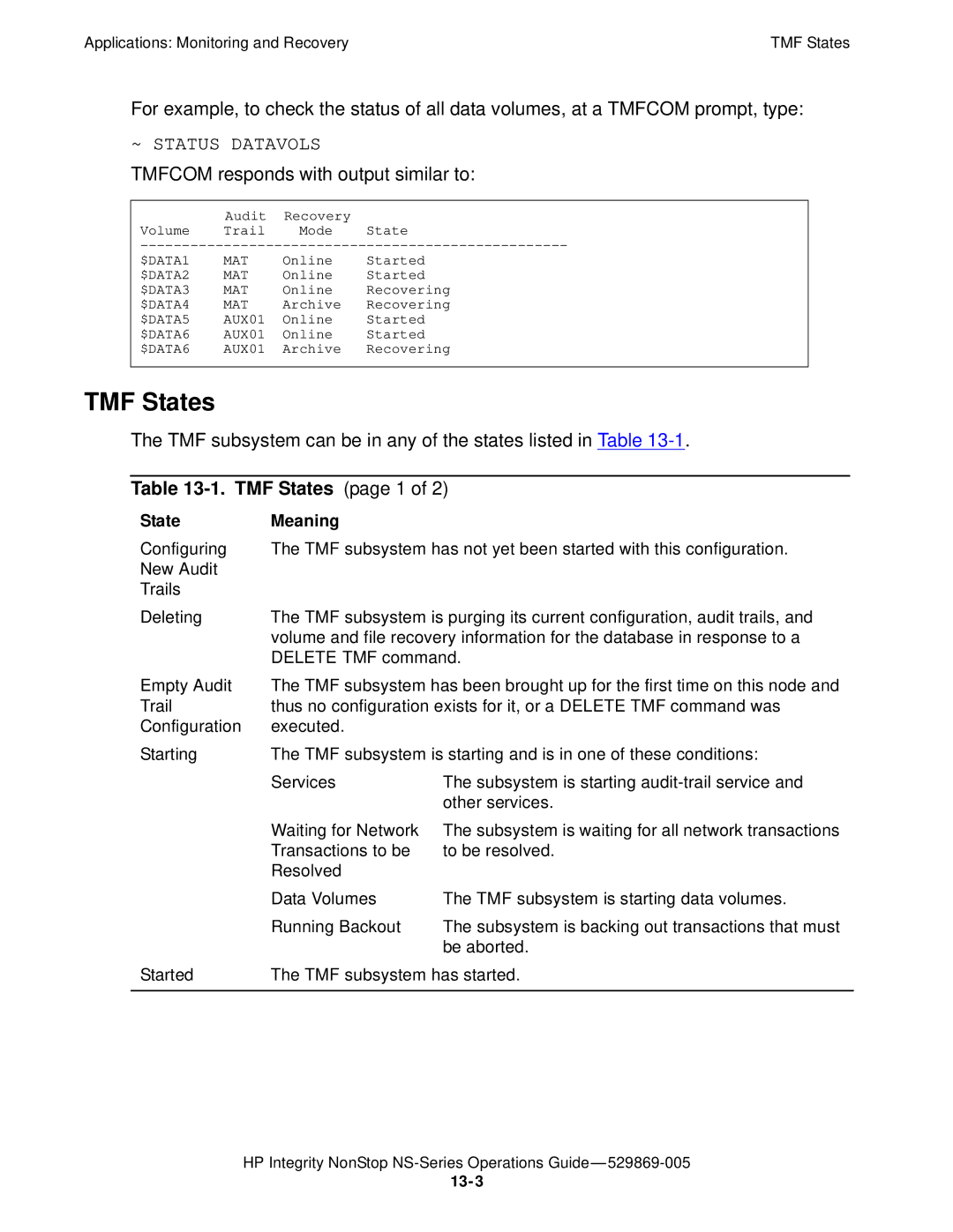 HP NonStop NS manual Tmfcom responds with output similar to, TMF States page 1, State Meaning 