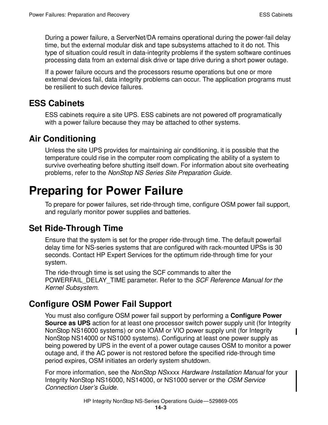 HP NonStop NS manual Preparing for Power Failure, ESS Cabinets, Air Conditioning, Set Ride-Through Time 