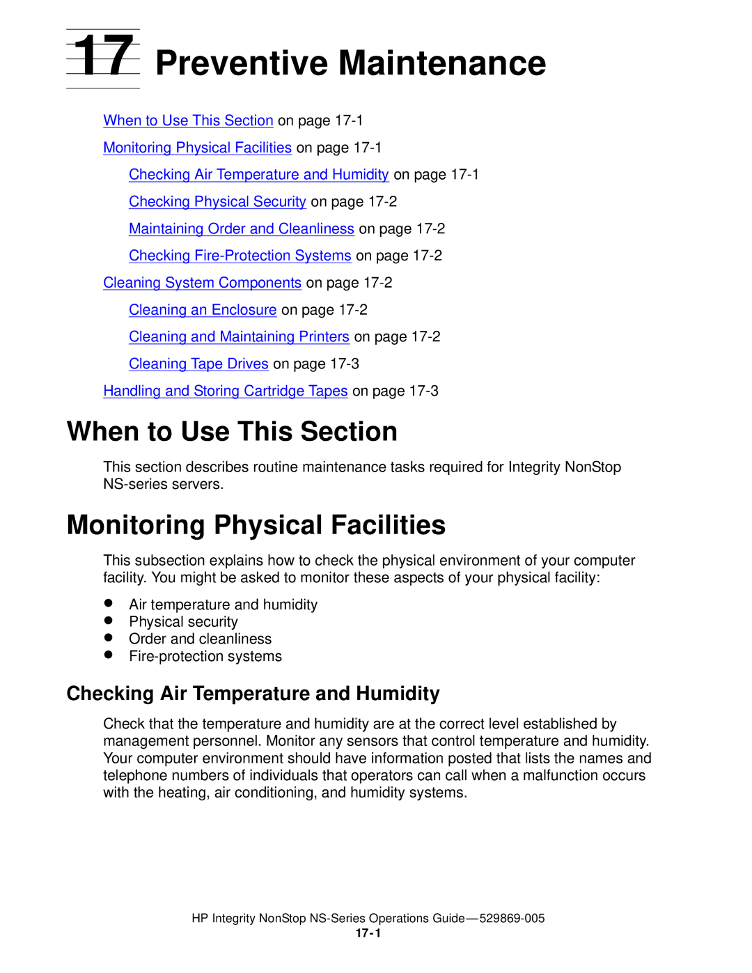 HP NonStop NS manual Preventive Maintenance, Monitoring Physical Facilities, Checking Air Temperature and Humidity 