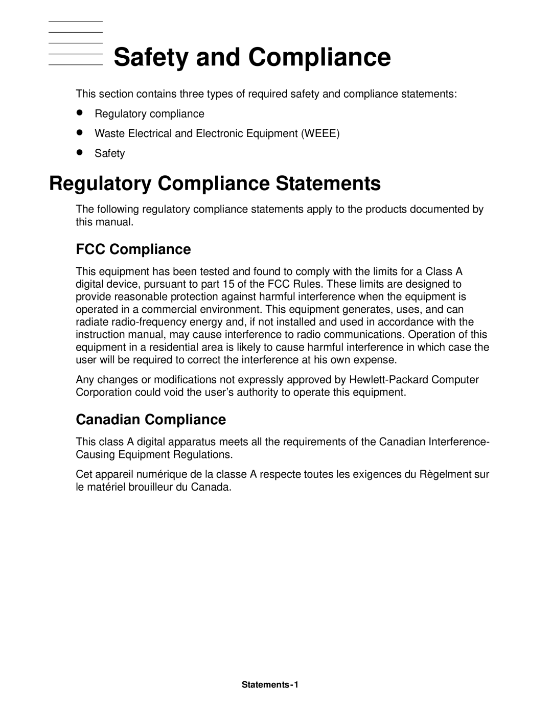 HP NonStop NS manual Safety and Compliance, Regulatory Compliance Statements, FCC Compliance, Canadian Compliance 