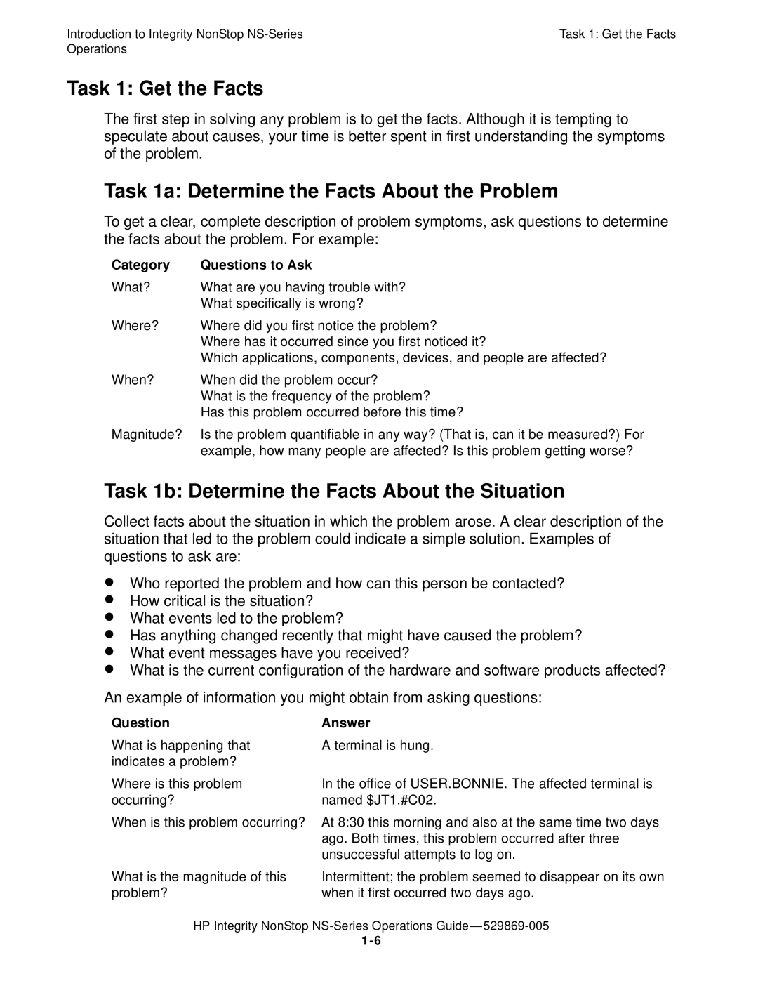 HP NonStop NS manual Task 1 Get the Facts, Task 1a Determine the Facts About the Problem, Category Questions to Ask 