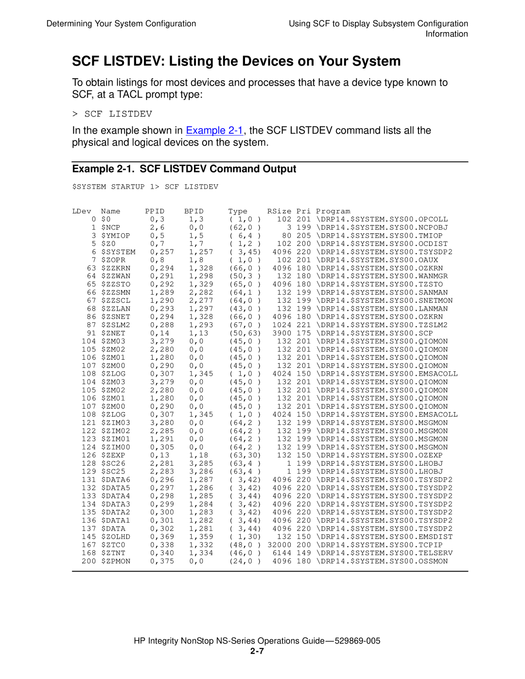 HP NonStop NS manual SCF Listdev Listing the Devices on Your System, Example 2-1. SCF Listdev Command Output 