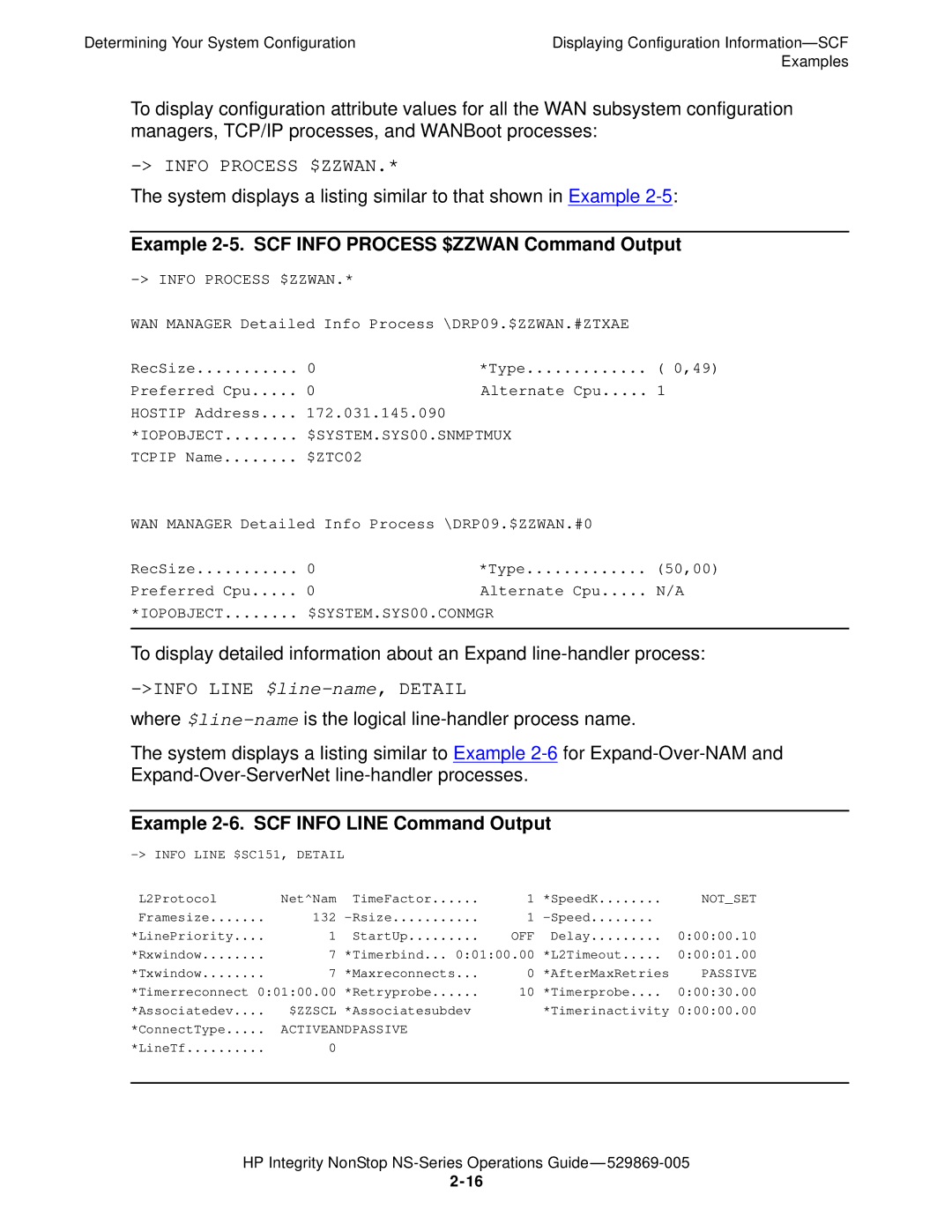 HP NonStop NS manual Example 2-5. SCF Info Process $ZZWAN Command Output, Info Line $line-name, Detail 