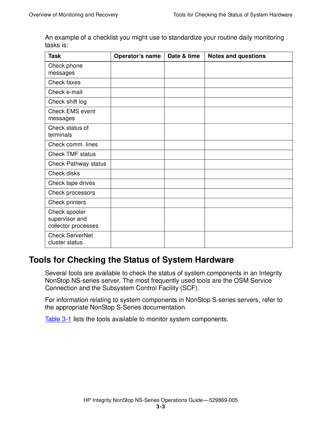 HP NonStop NS manual Tools for Checking the Status of System Hardware, Task Operator’s name Date & time 