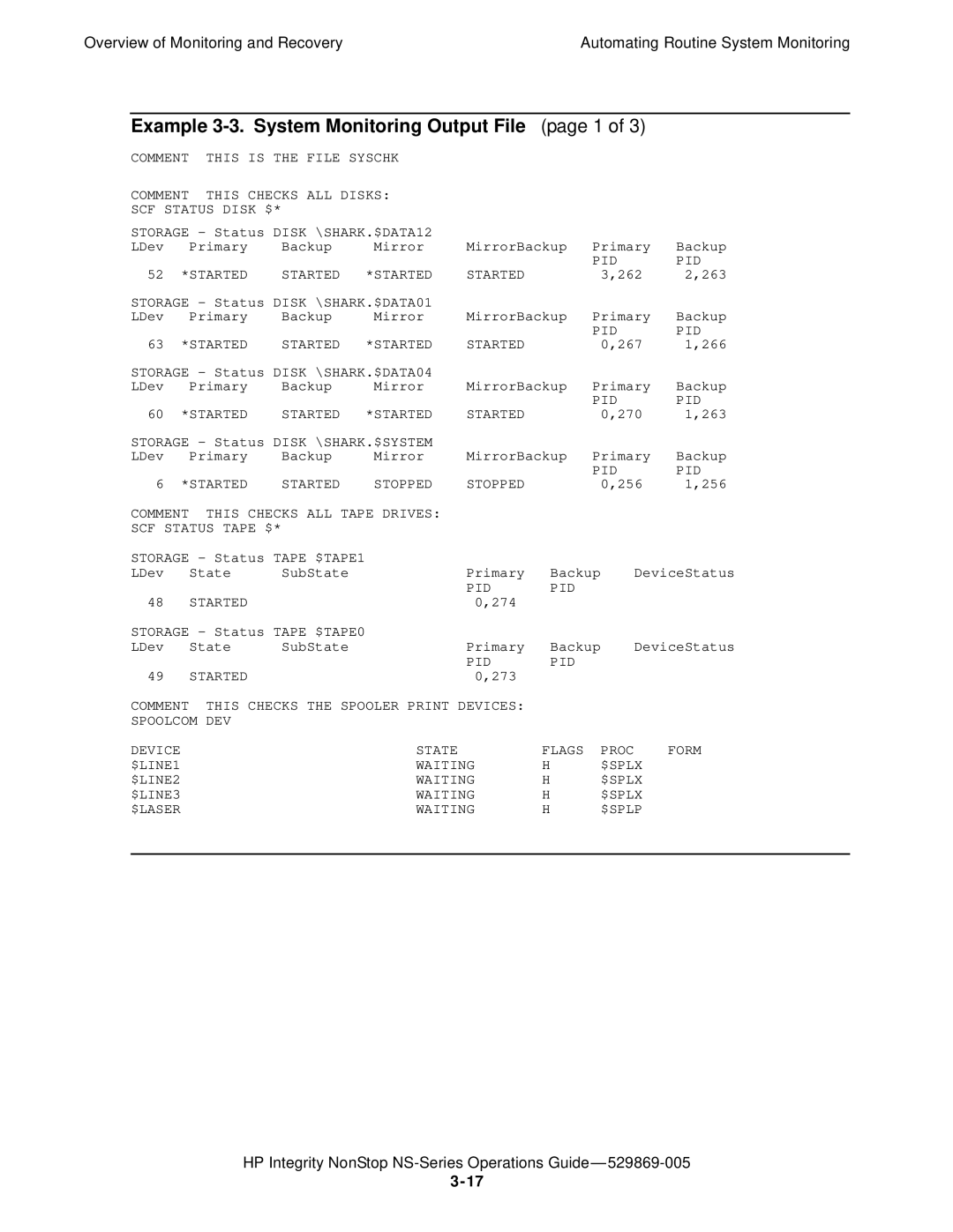 HP NonStop NS manual Example 3-3. System Monitoring Output File page 1 