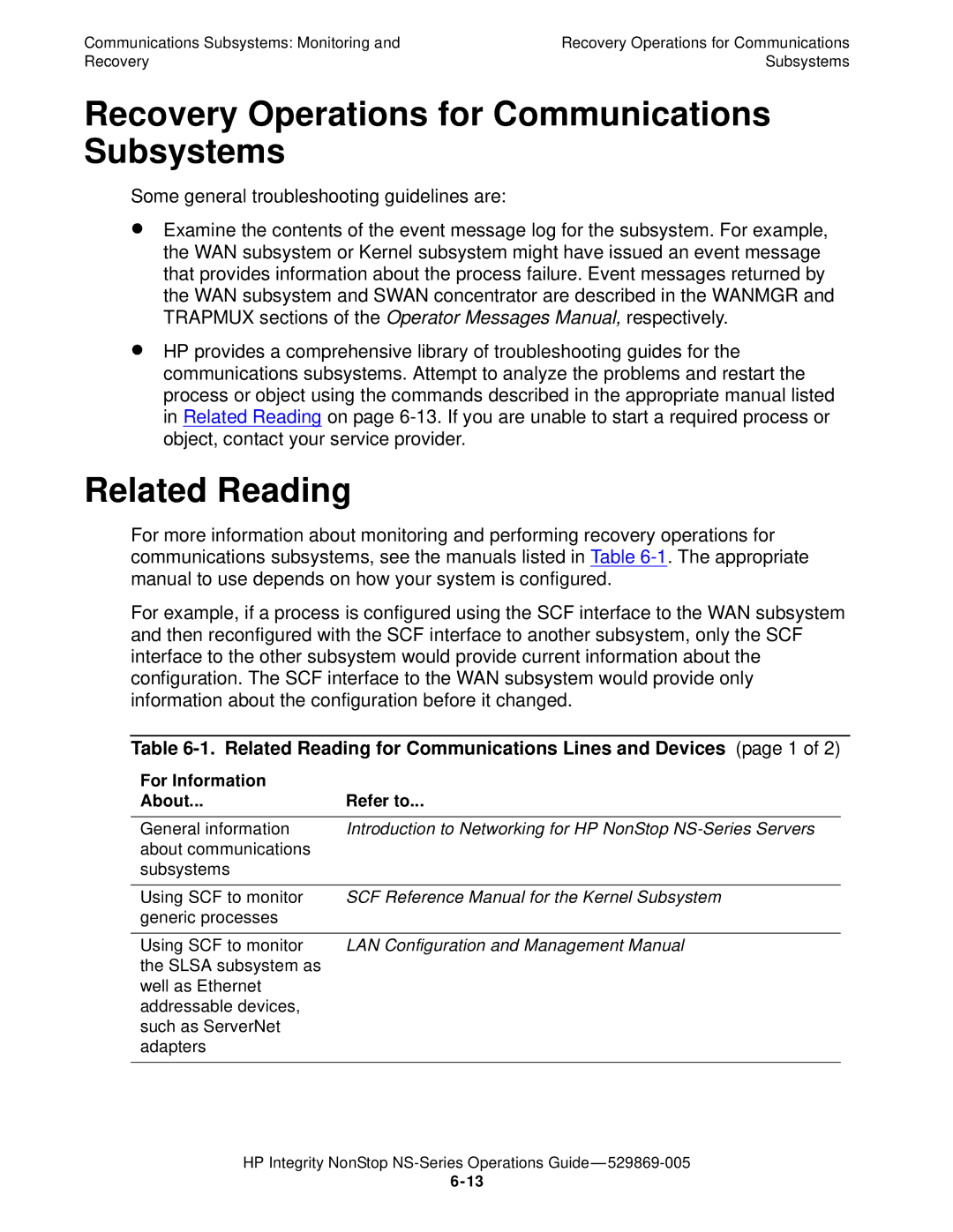 HP NonStop NS manual Recovery Operations for Communications Subsystems, For Information About Refer to 