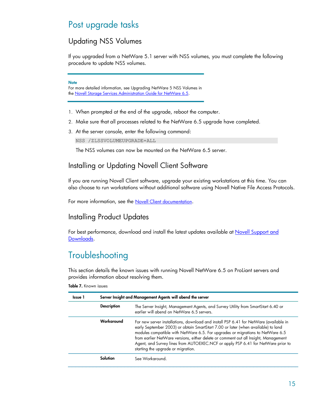 HP Novell NetWare 6.5 6.5 manual Post upgrade tasks, Troubleshooting, Updating NSS Volumes, Installing Product Updates 