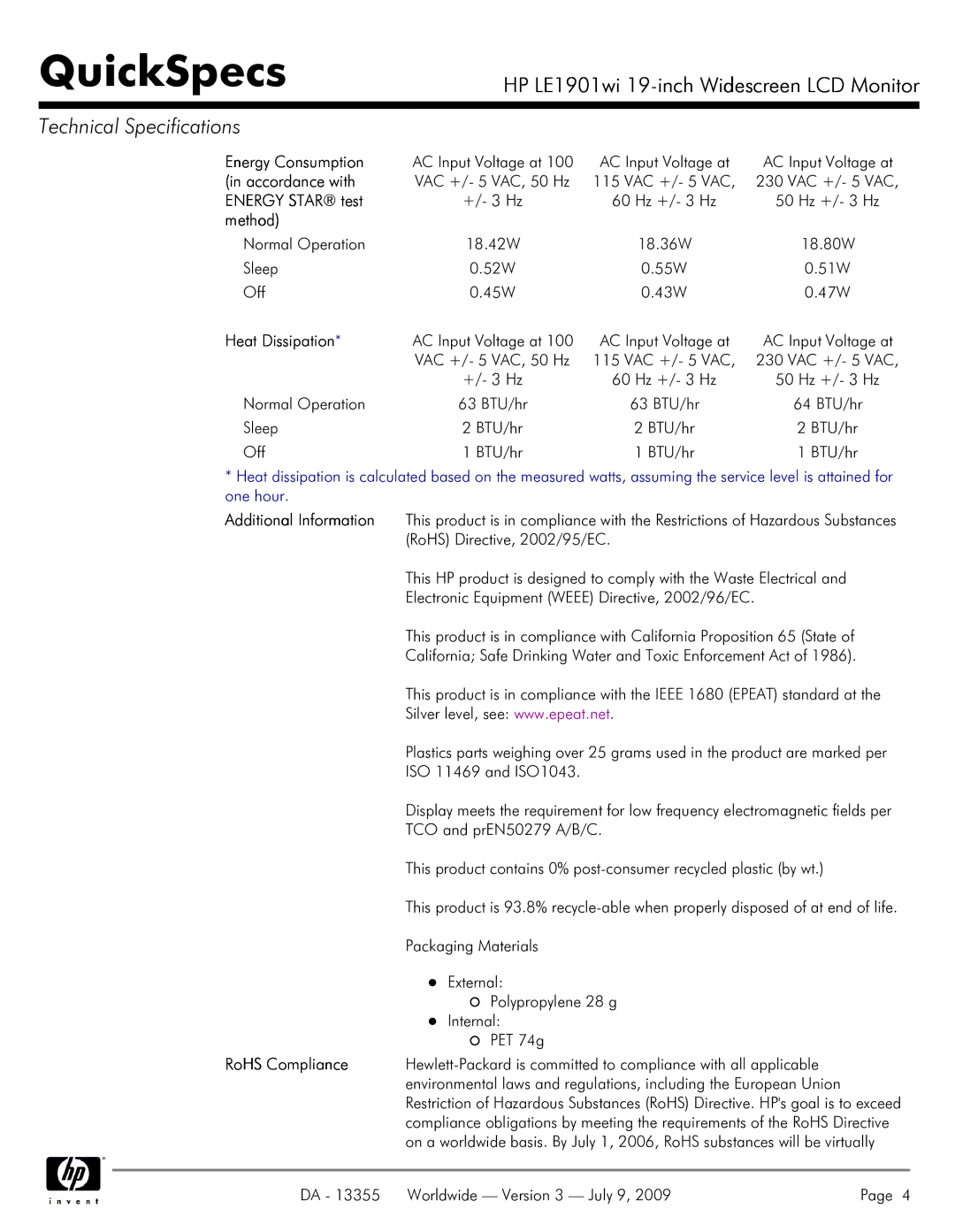 HP NP447A manual Energy Consumption, Accordance with, Energy Star test, Method, Heat Dissipation 