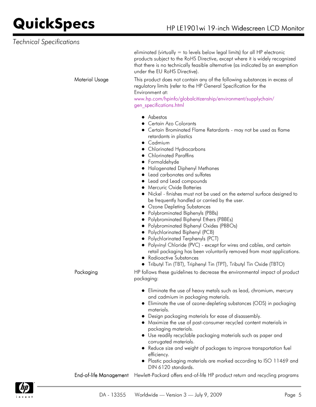 HP NP447A manual Material Usage, Packaging 