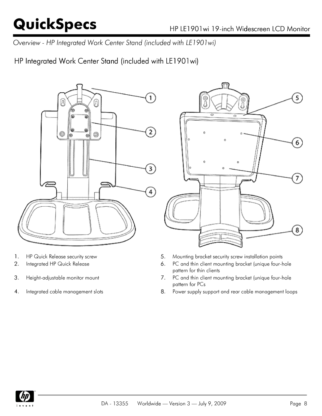 HP NP447A manual HP Integrated Work Center Stand included with LE1901wi 