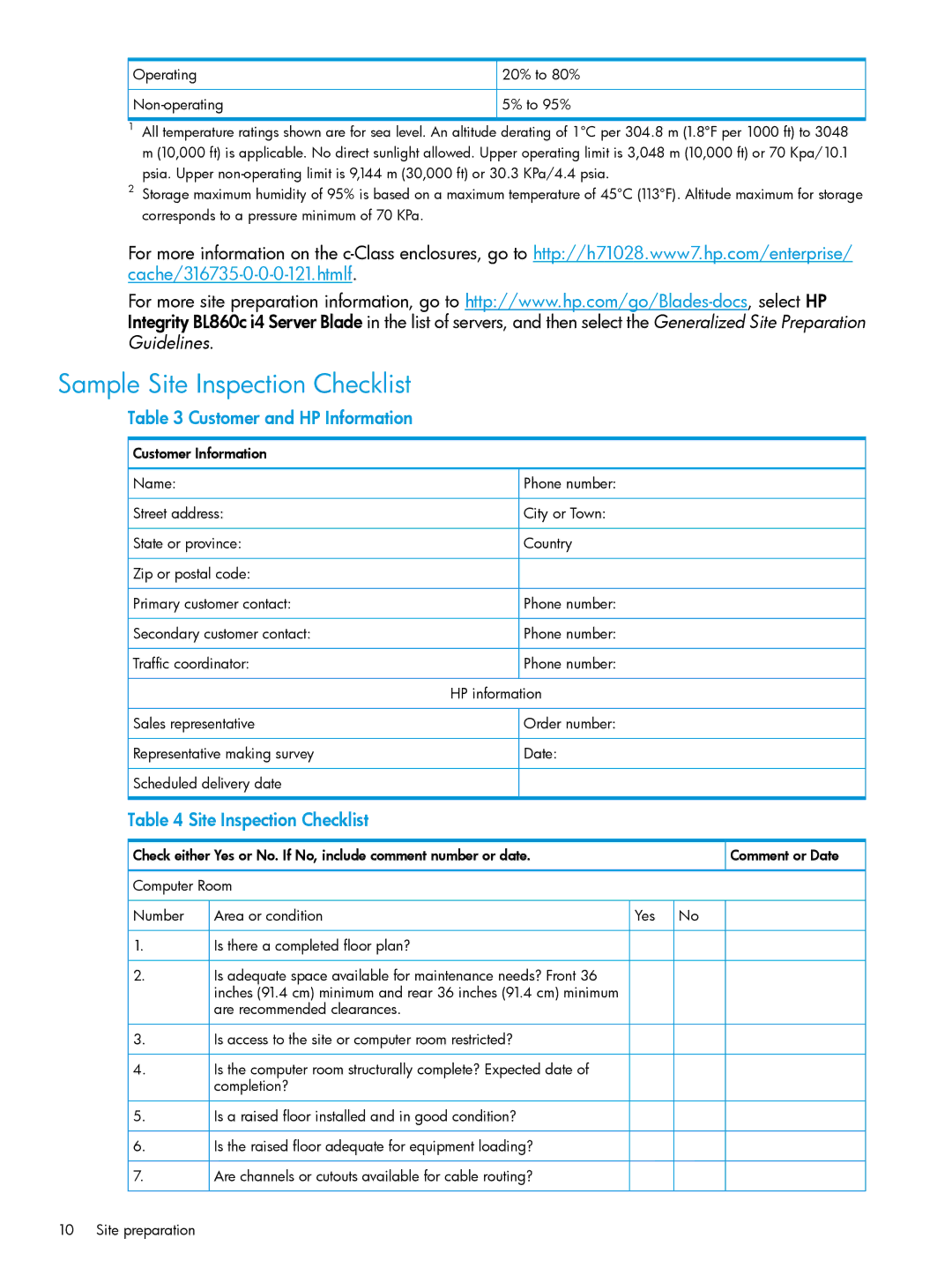 HP nPartitions (nPars) manual Customer and HP Information, Site Inspection Checklist 