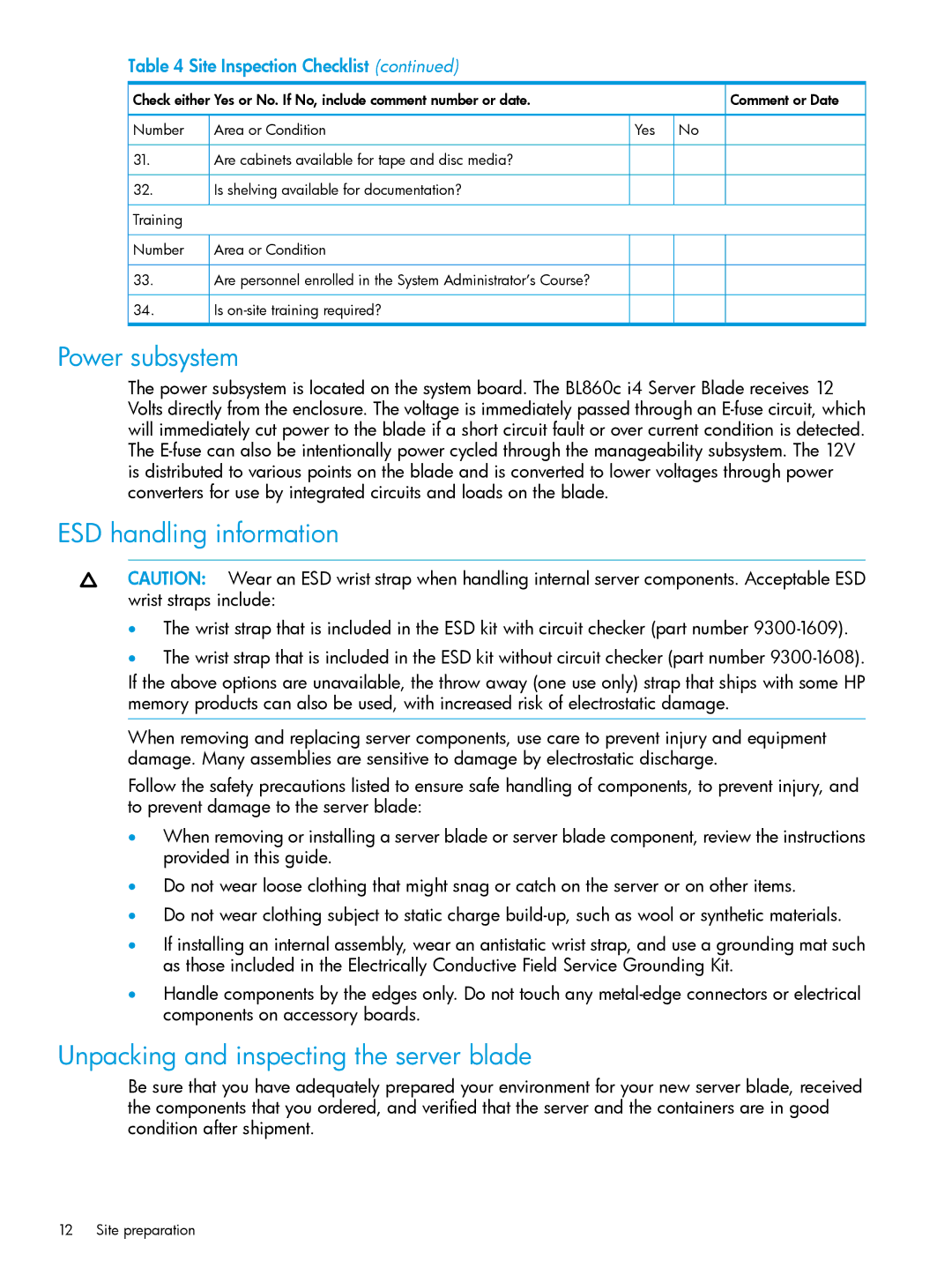 HP nPartitions (nPars) manual Power subsystem, ESD handling information, Unpacking and inspecting the server blade 