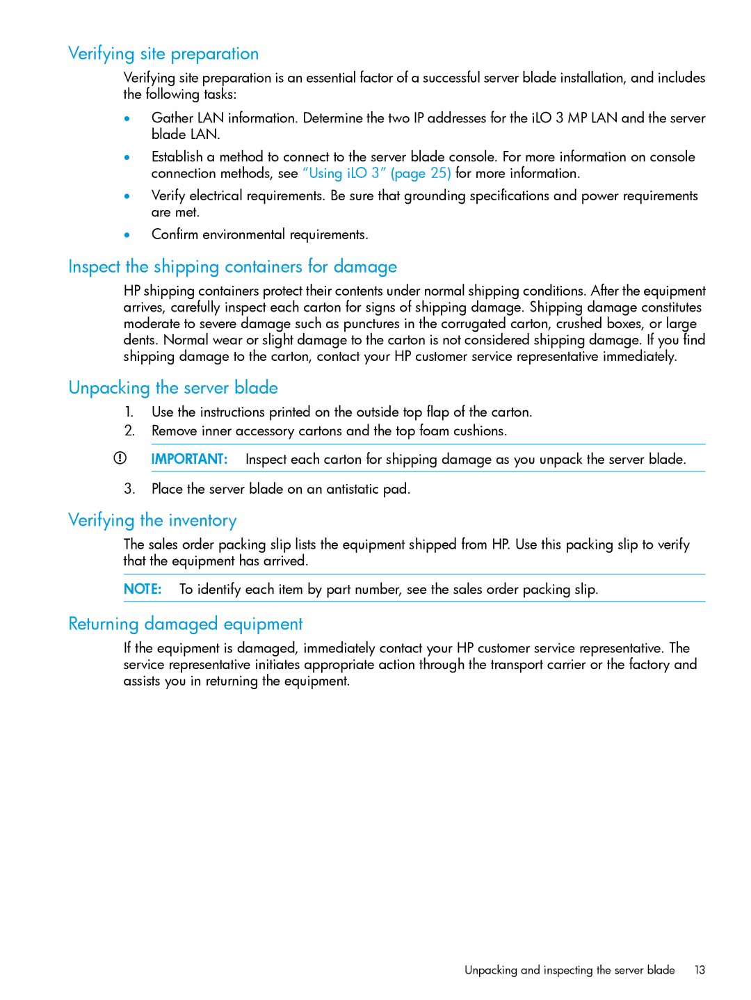 HP nPartitions (nPars) Verifying site preparation, Inspect the shipping containers for damage, Unpacking the server blade 