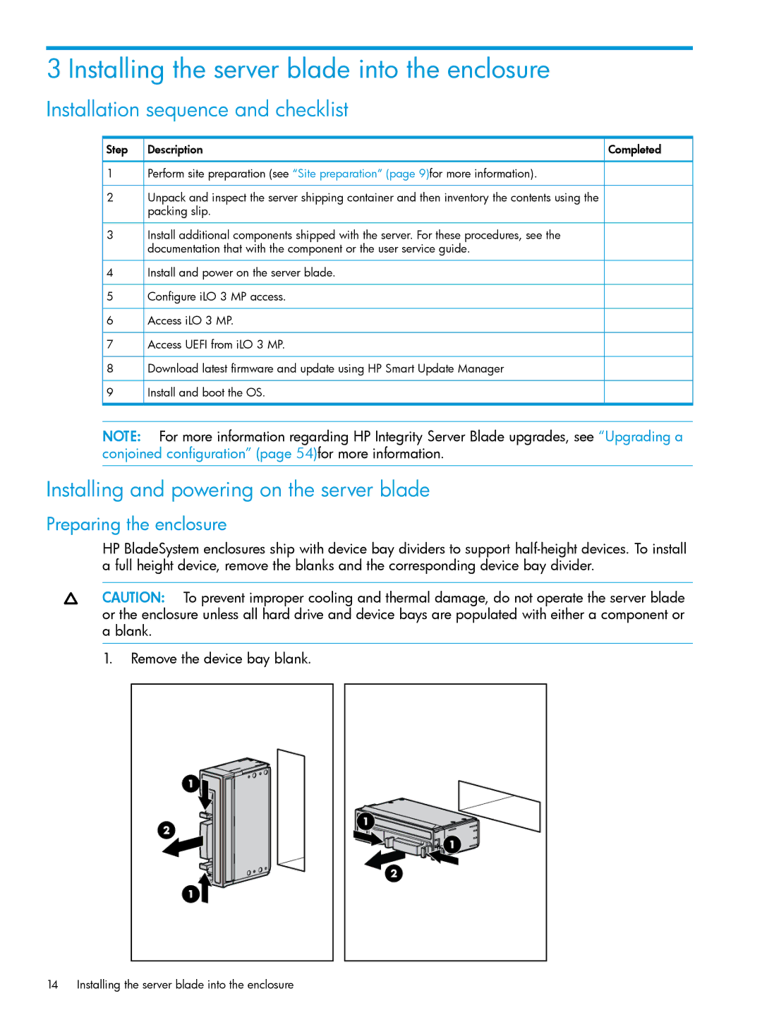 HP nPartitions (nPars) manual Installing the server blade into the enclosure, Installation sequence and checklist 