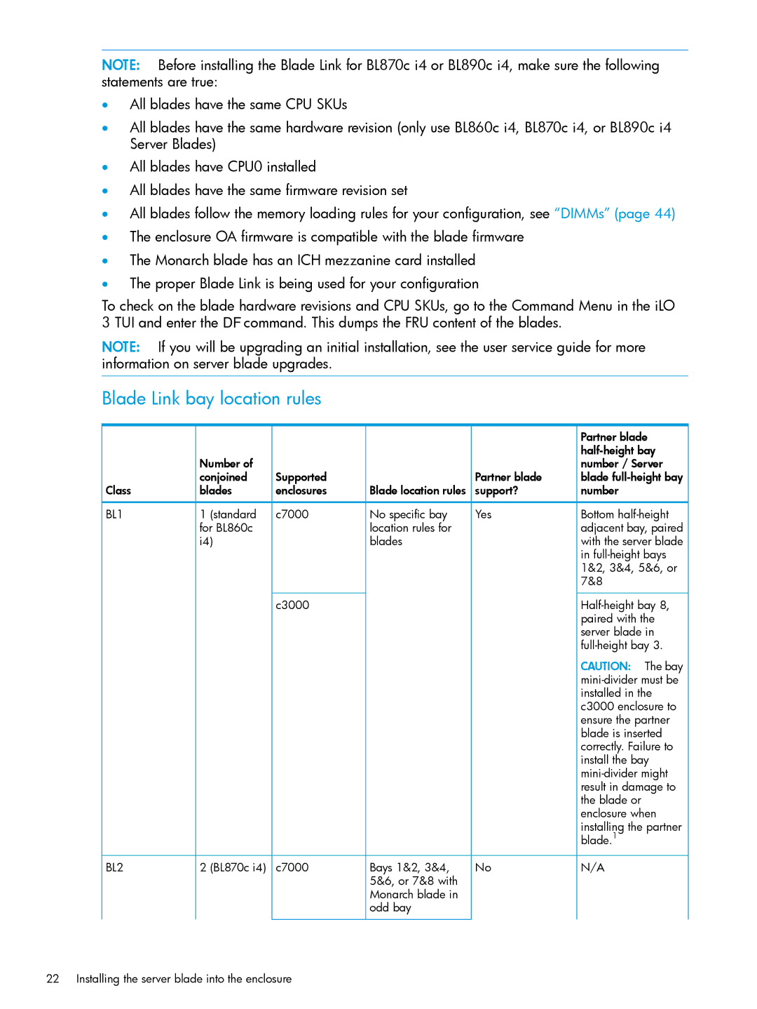 HP nPartitions (nPars) manual Blade Link bay location rules, BL1 