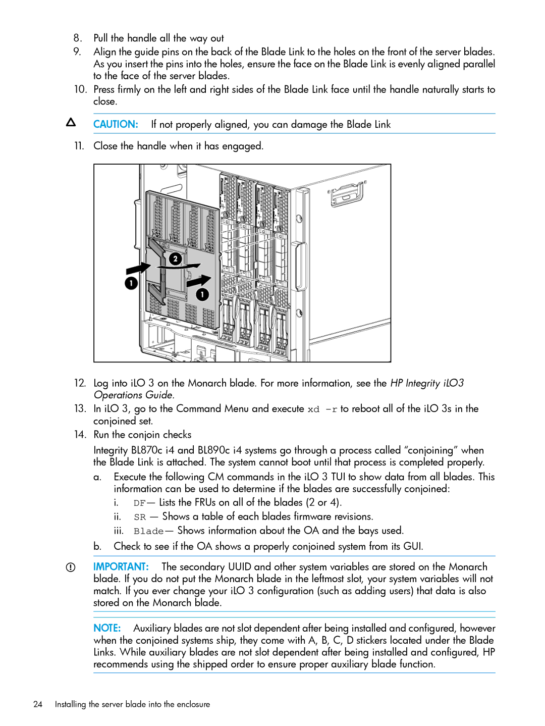 HP nPartitions (nPars) manual Installing the server blade into the enclosure 