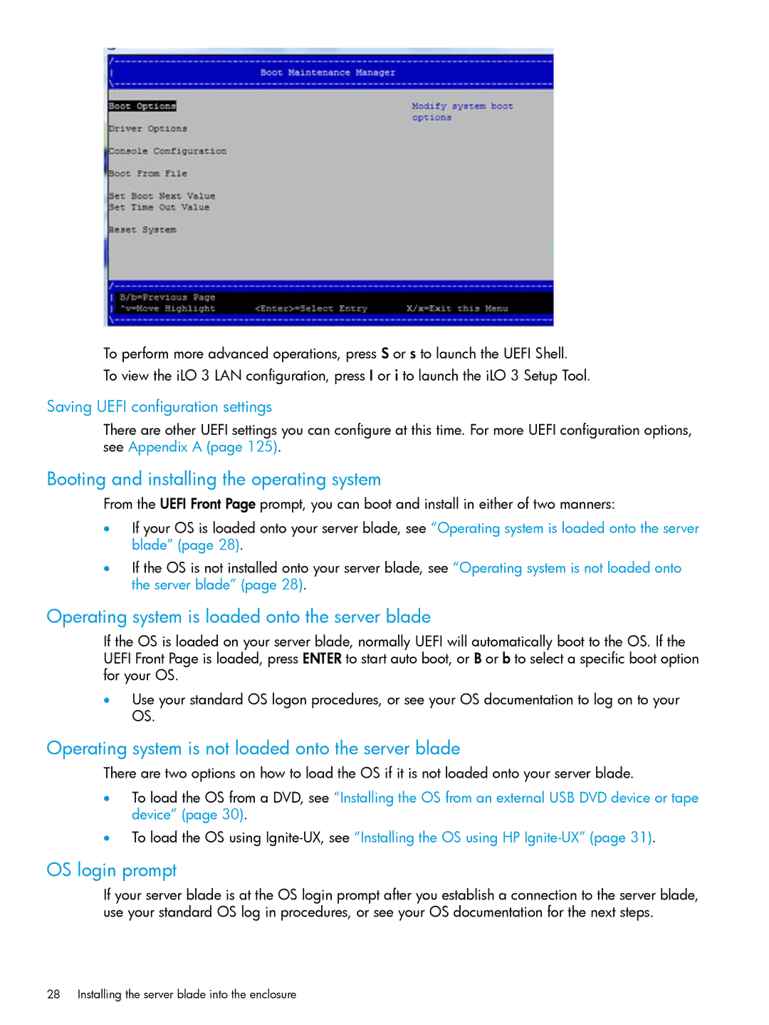 HP nPartitions (nPars) manual Booting and installing the operating system, Operating system is loaded onto the server blade 