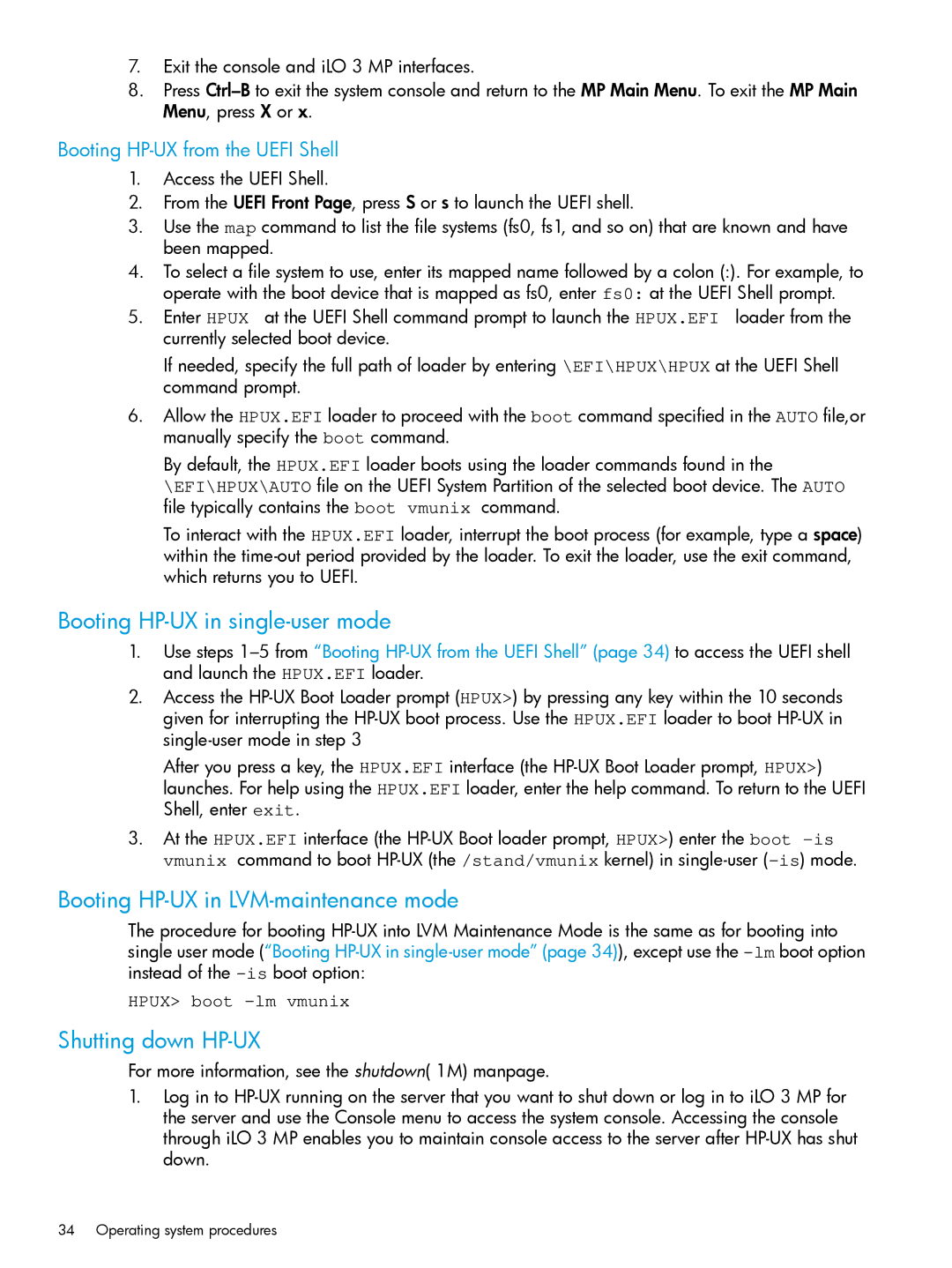 HP nPartitions (nPars) manual Booting HP-UX in single-user mode, Booting HP-UX in LVM-maintenance mode, Shutting down HP-UX 