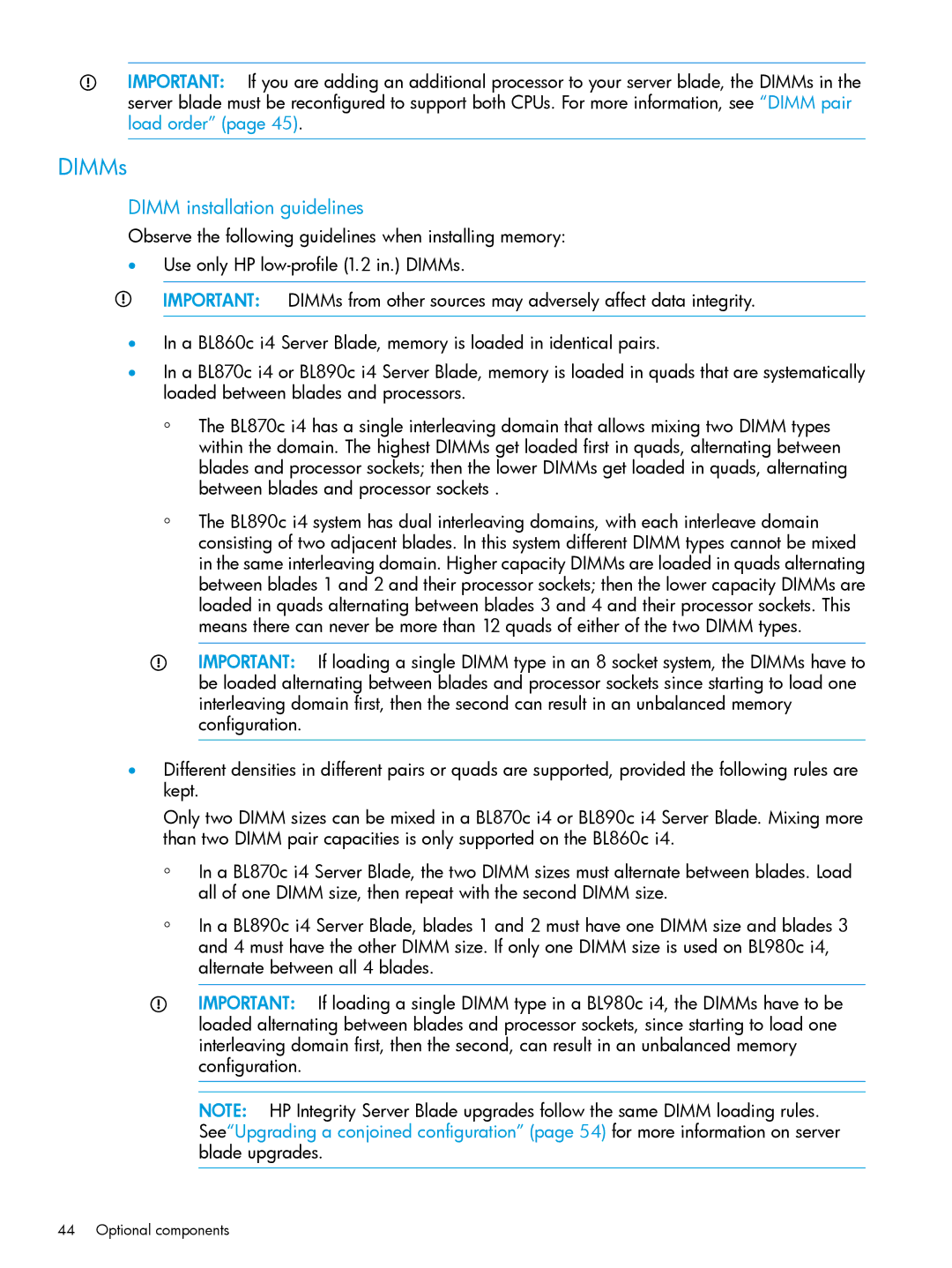 HP nPartitions (nPars) manual DIMMs, Dimm installation guidelines 