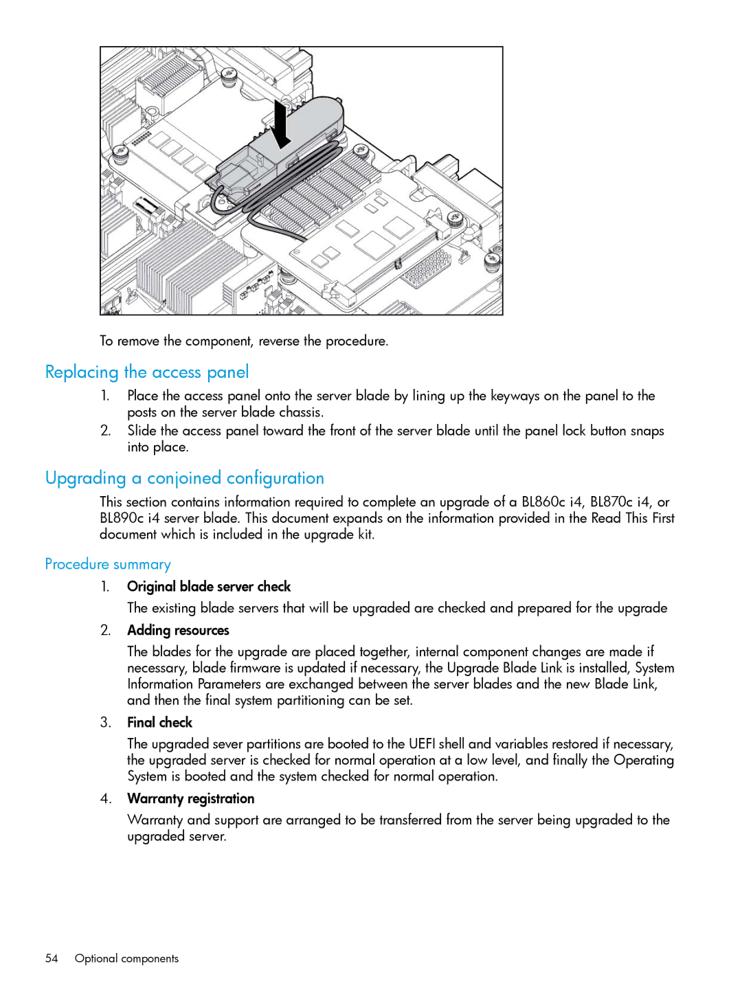 HP nPartitions (nPars) manual Replacing the access panel, Upgrading a conjoined configuration, Procedure summary 