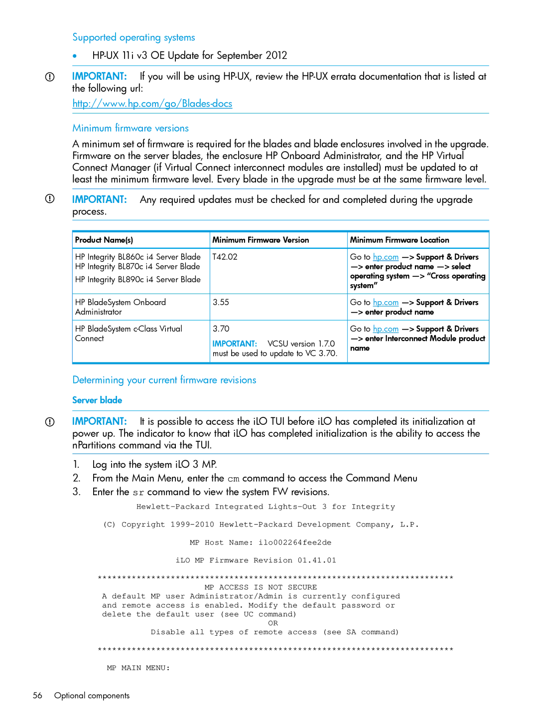 HP nPartitions (nPars) Supported operating systems, Minimum firmware versions, Determining your current firmware revisions 