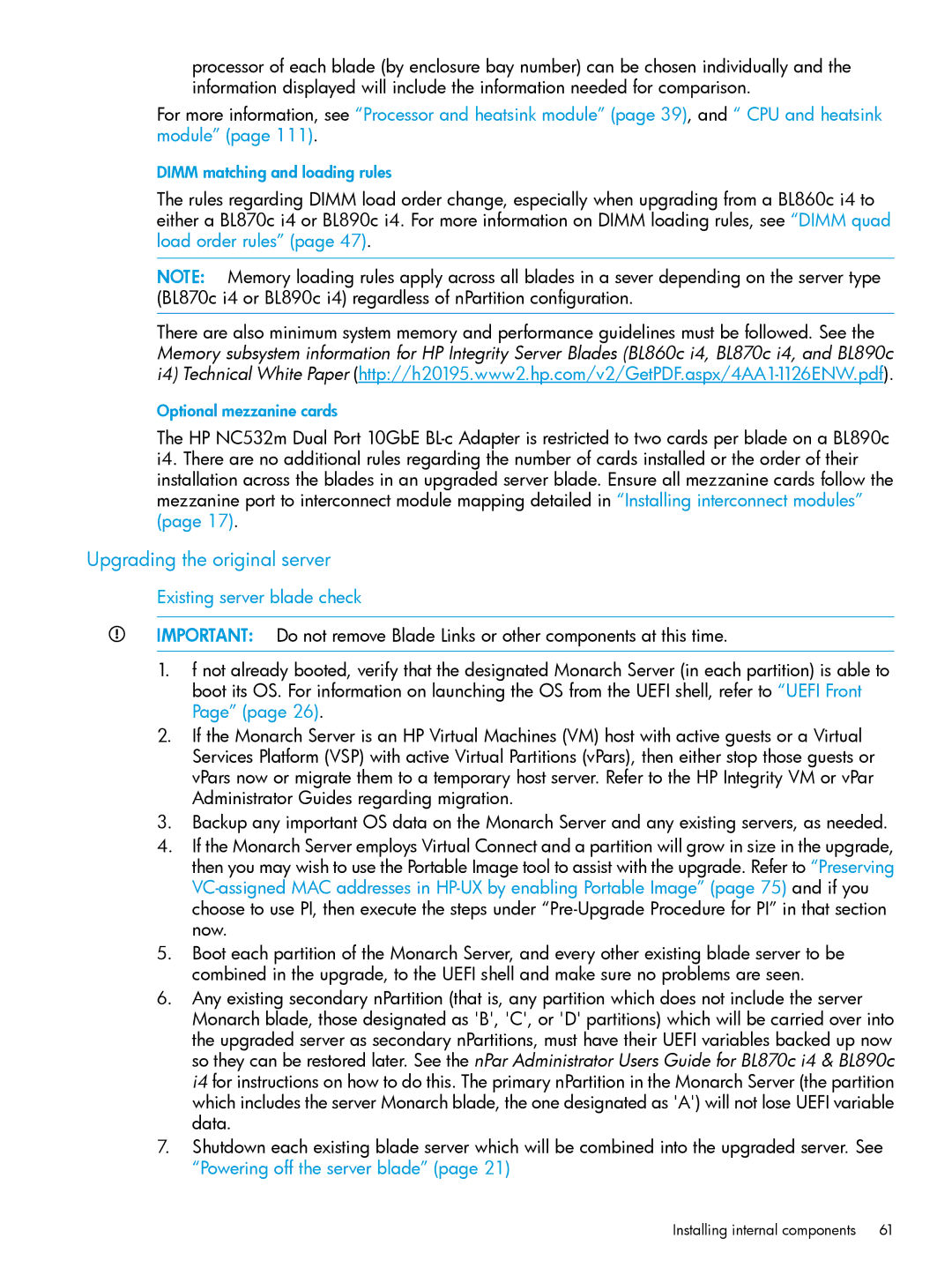 HP nPartitions (nPars) manual Upgrading the original server, Existing server blade check 