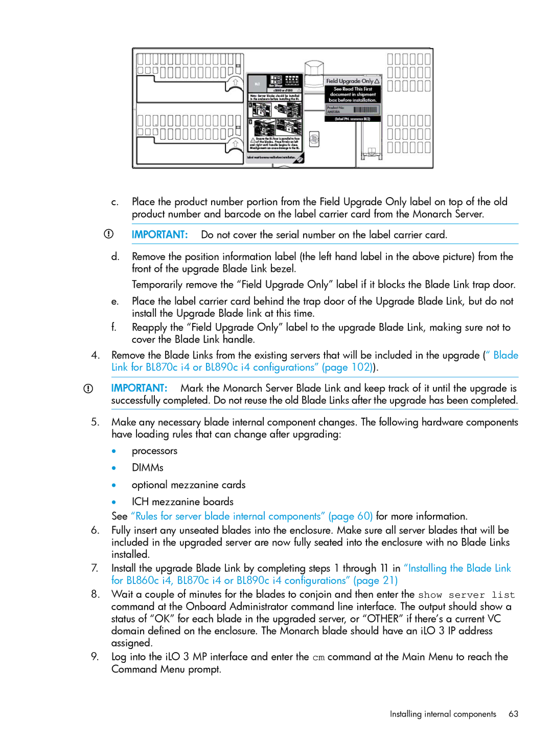 HP nPartitions (nPars) manual Installing internal components 