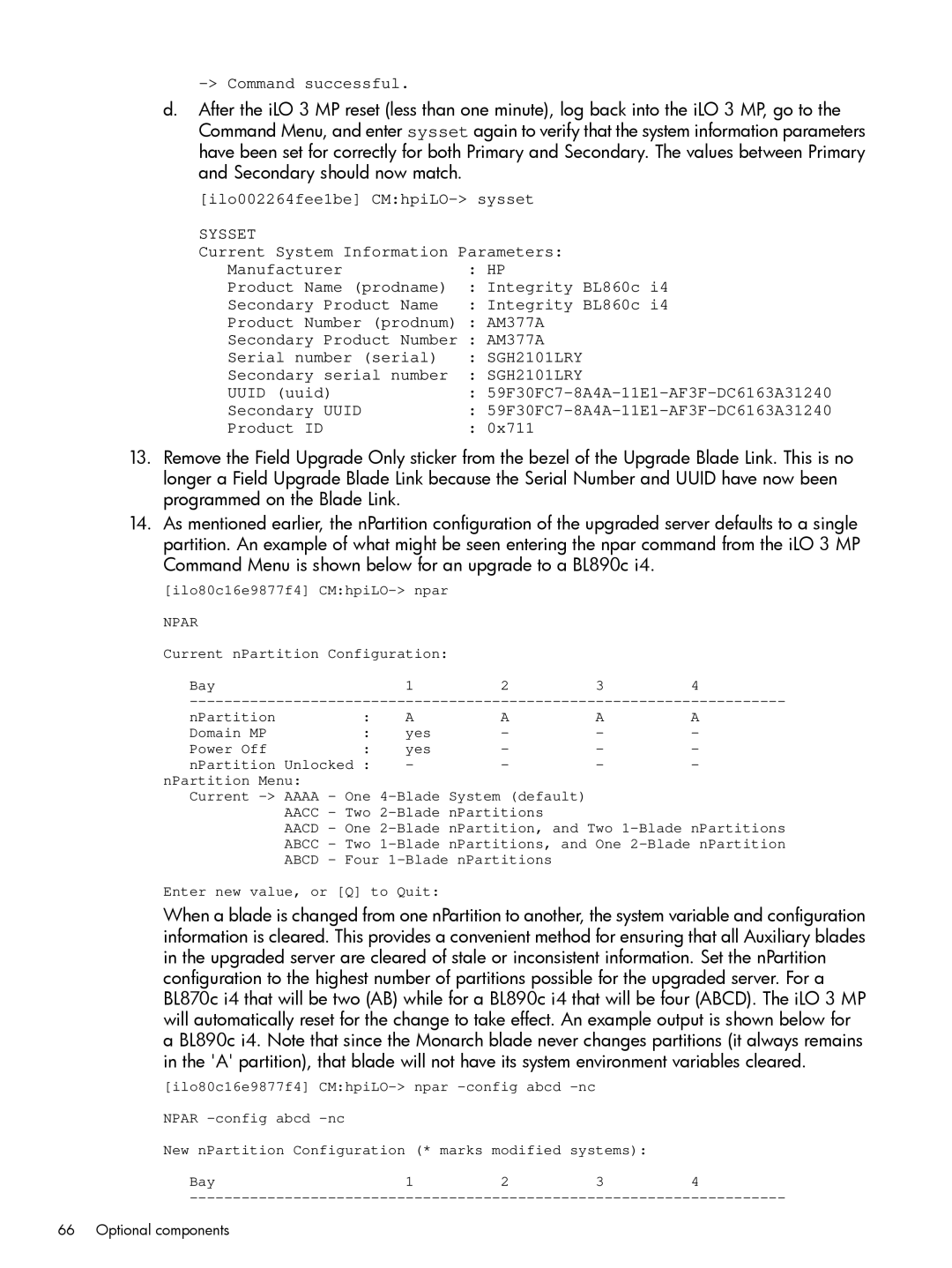 HP nPartitions (nPars) manual Command successful 