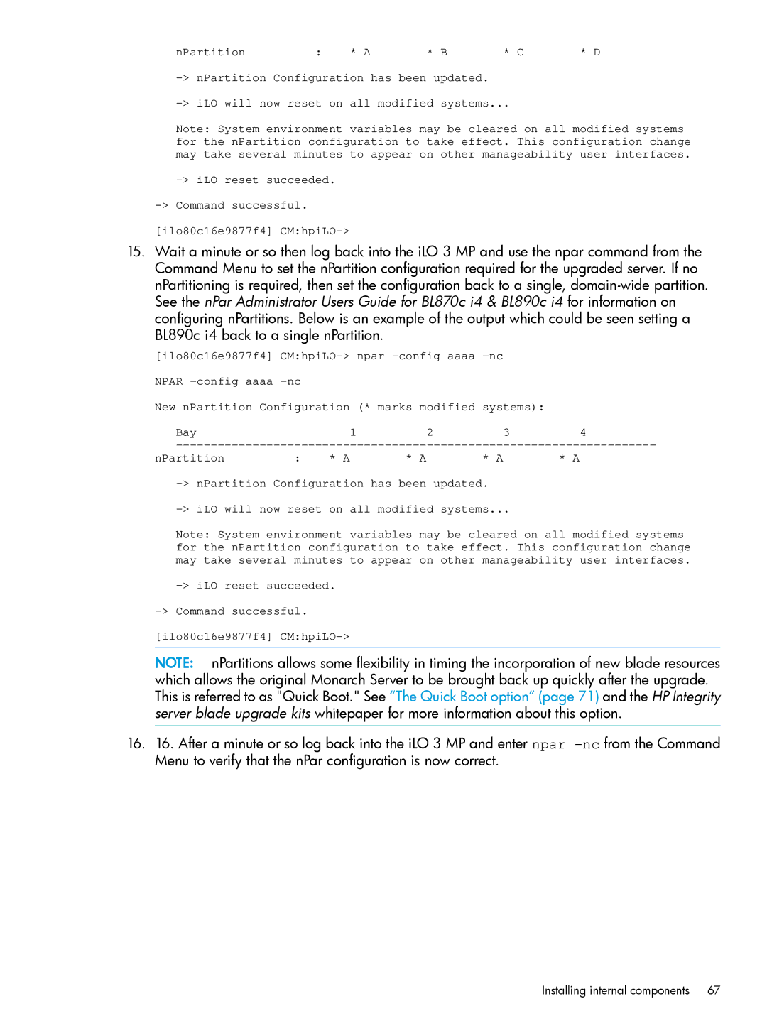 HP nPartitions (nPars) manual Installing internal components 