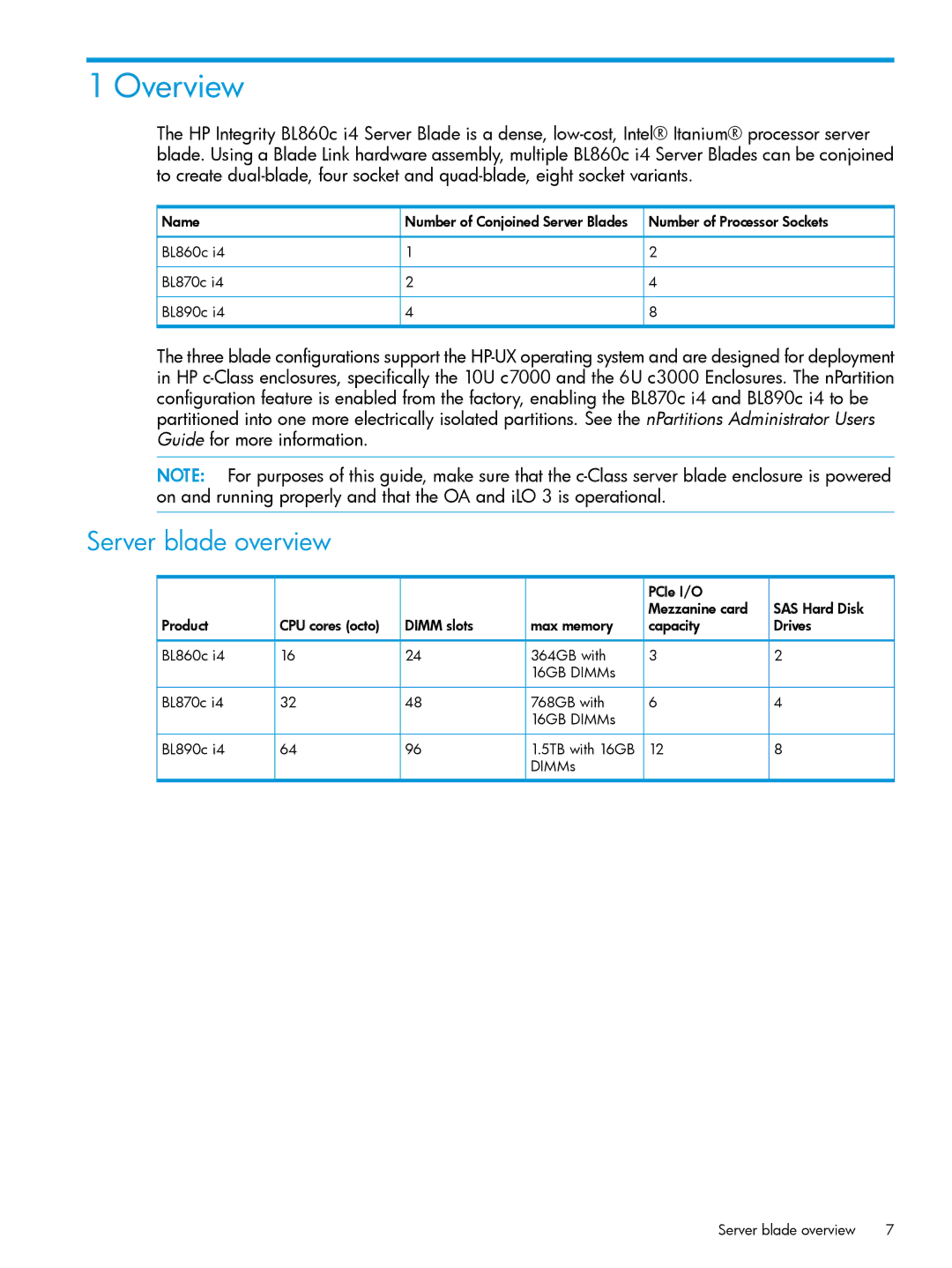 HP nPartitions (nPars) manual Overview, Server blade overview 