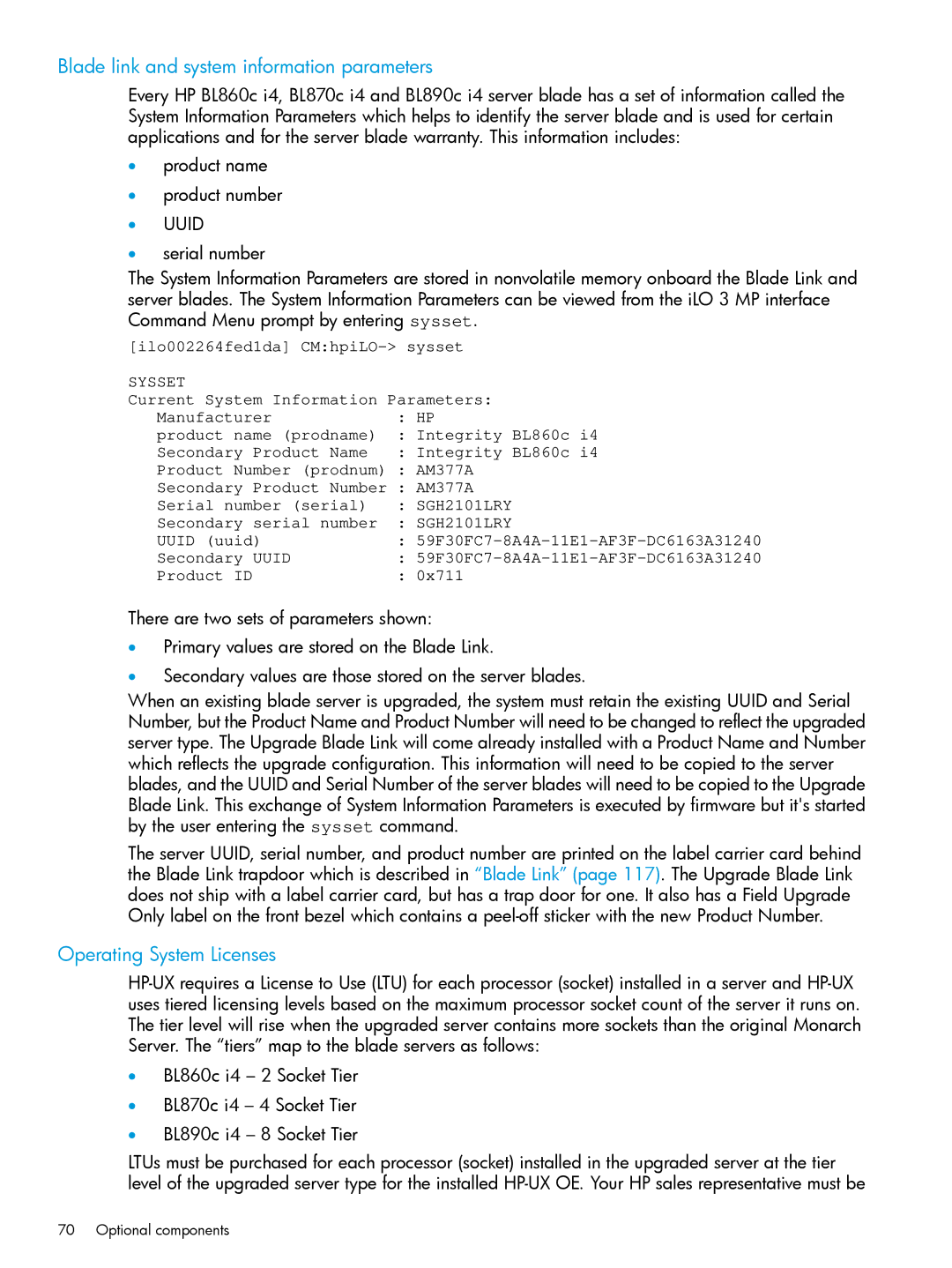 HP nPartitions (nPars) manual Blade link and system information parameters, Operating System Licenses 