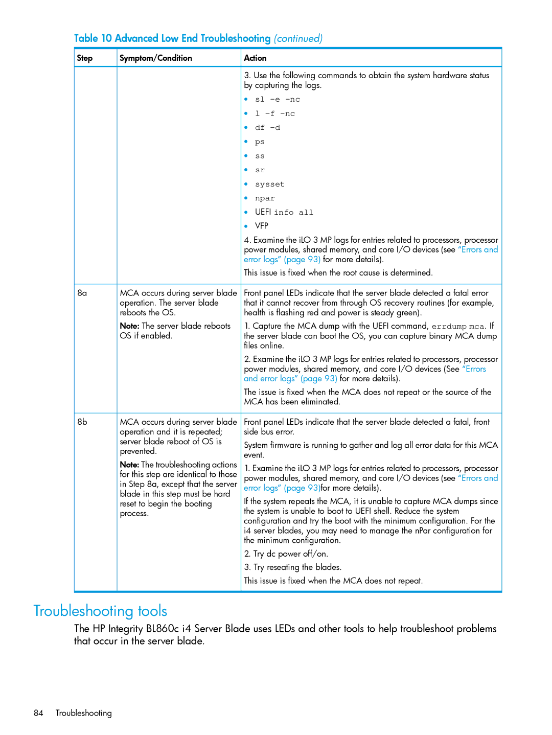 HP nPartitions (nPars) manual Troubleshooting tools, Sl -e -nc Df -d Sysset Npar Uefi info all 