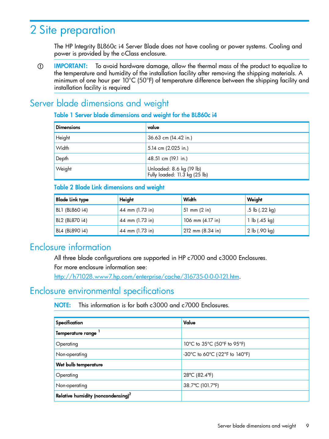 HP nPartitions (nPars) manual Site preparation, Server blade dimensions and weight, Blade Link dimensions and weight 