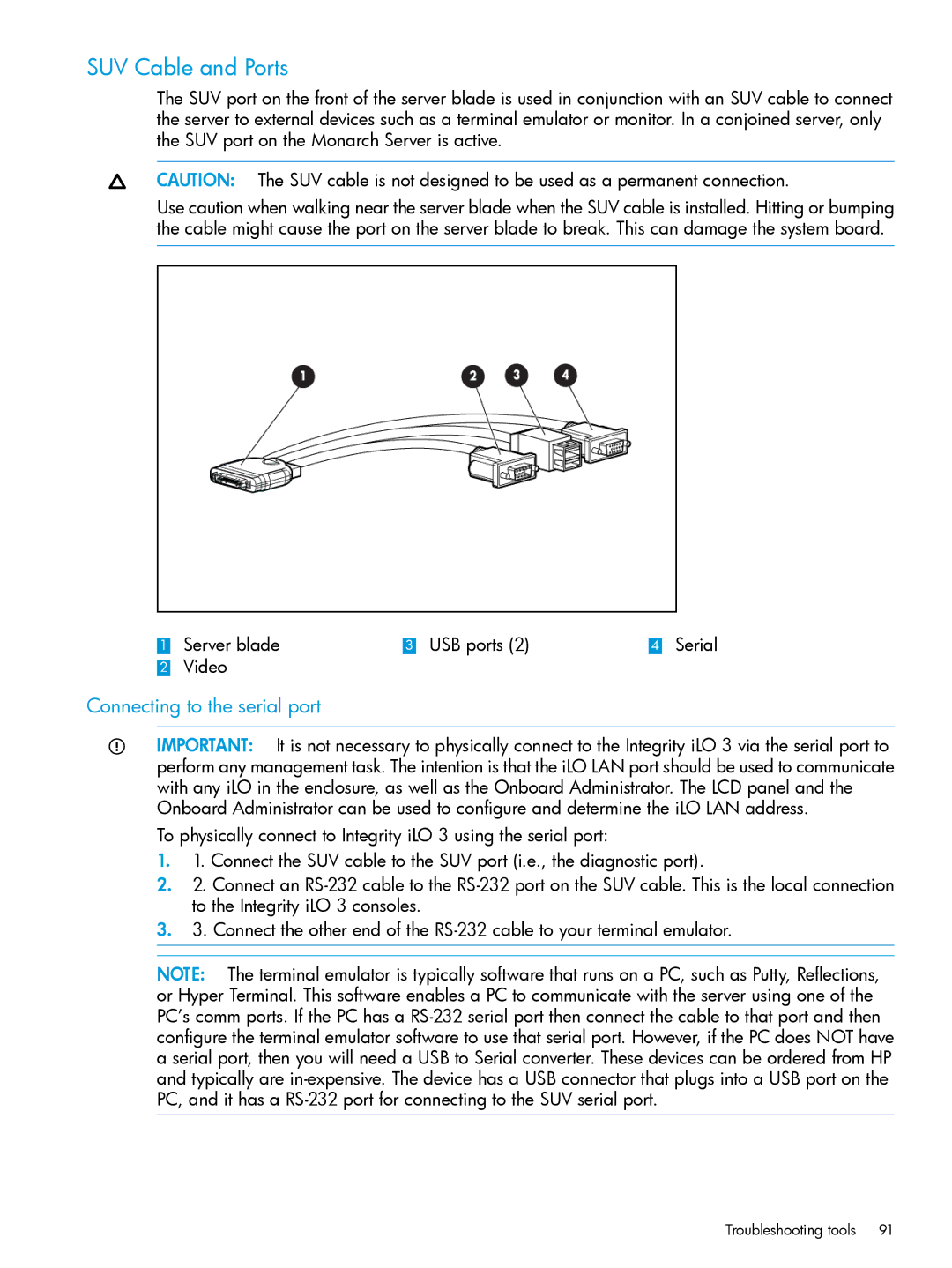 HP nPartitions (nPars) manual SUV Cable and Ports, Connecting to the serial port 