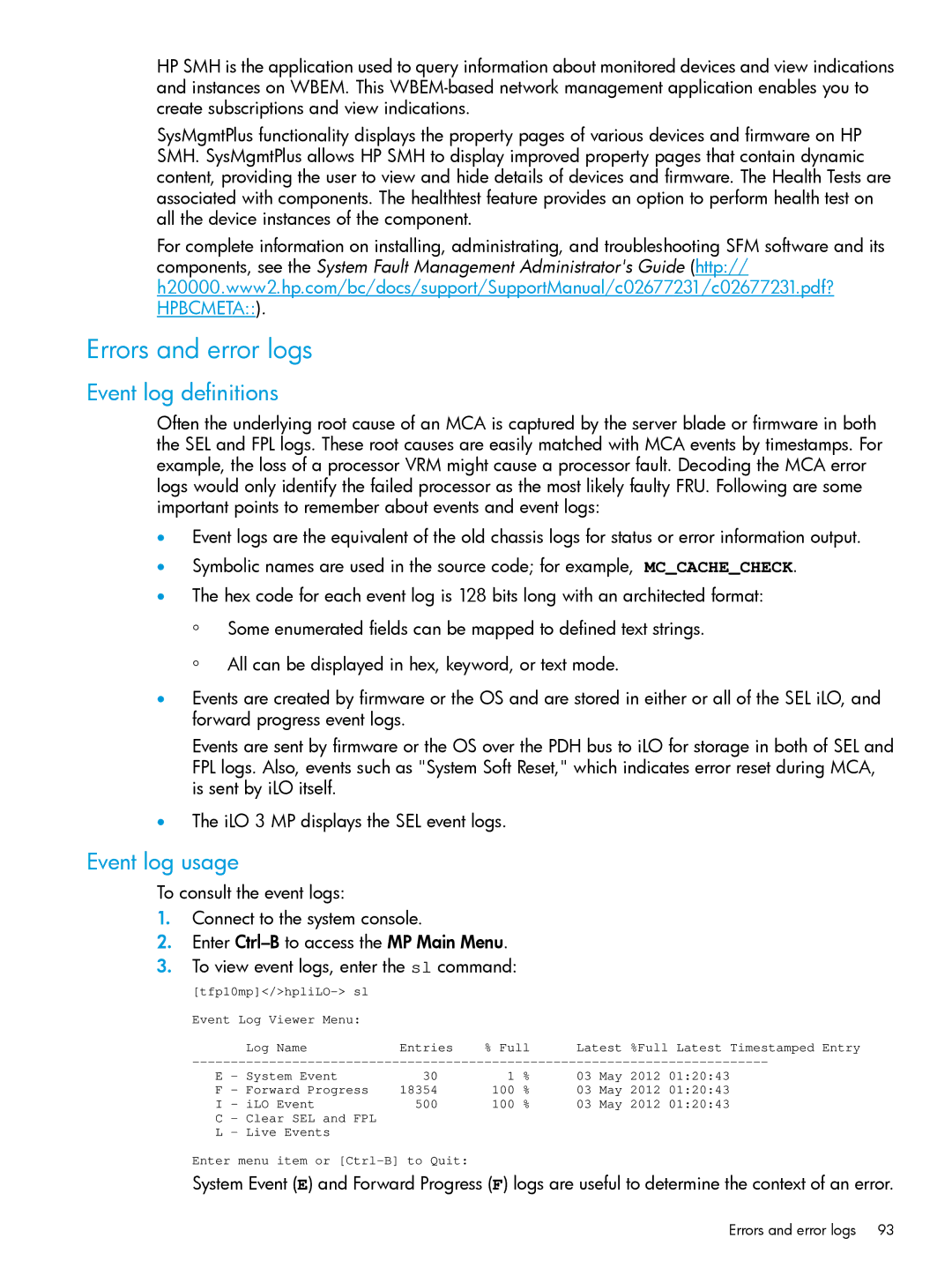 HP nPartitions (nPars) manual Errors and error logs, Event log definitions, Event log usage 