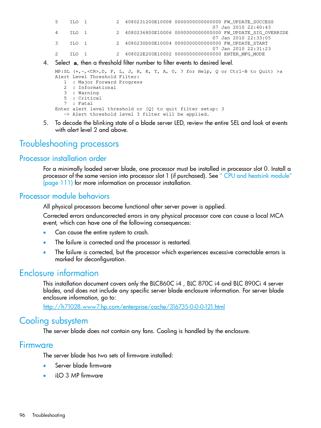 HP nPartitions (nPars) manual Troubleshooting processors, Enclosure information, Cooling subsystem, Firmware 