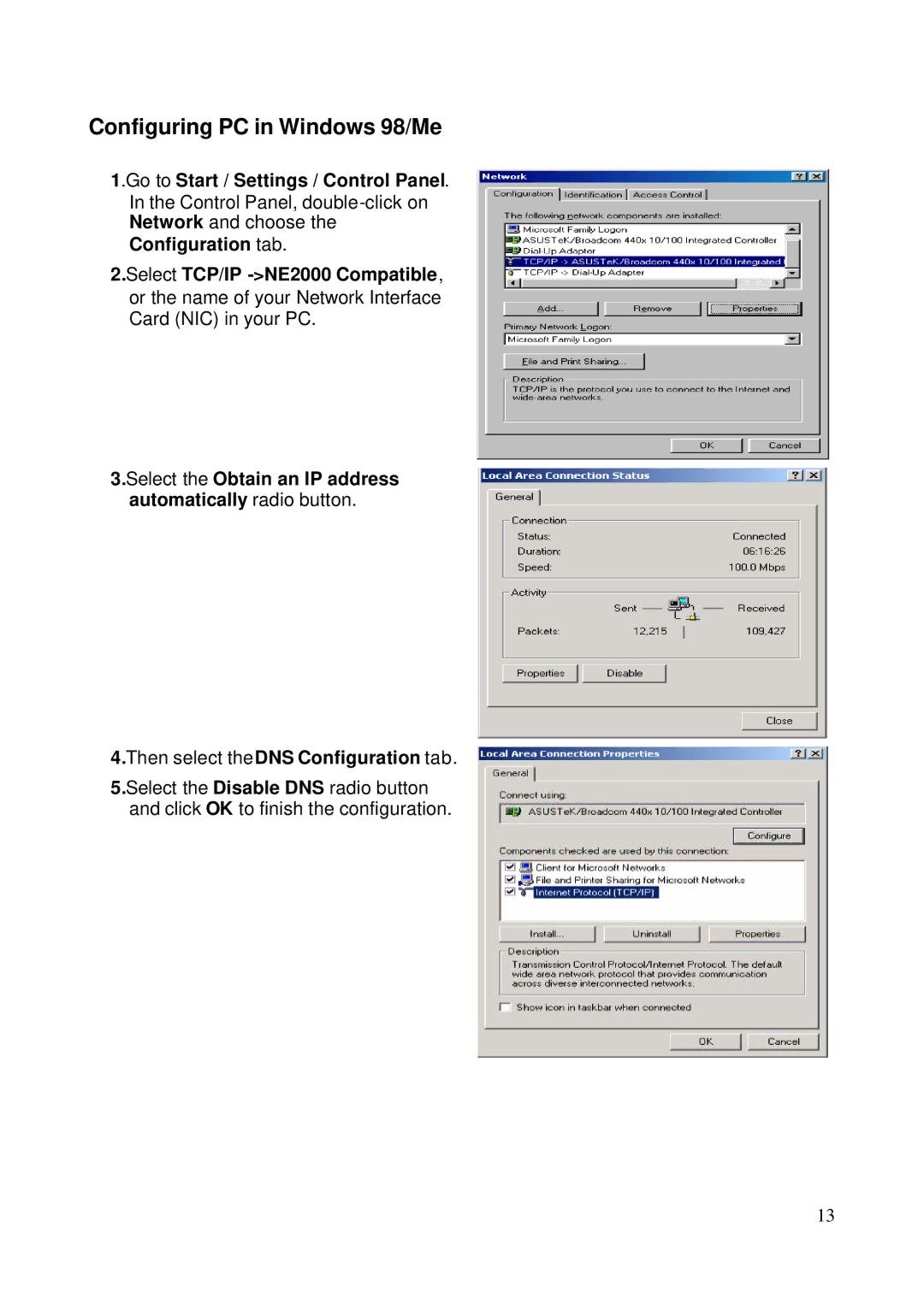 HP NRM42 manual Configuring PC in Windows 98/Me, Go to Start / Settings / Control Panel, Select TCP/IP -NE2000 Compatible 