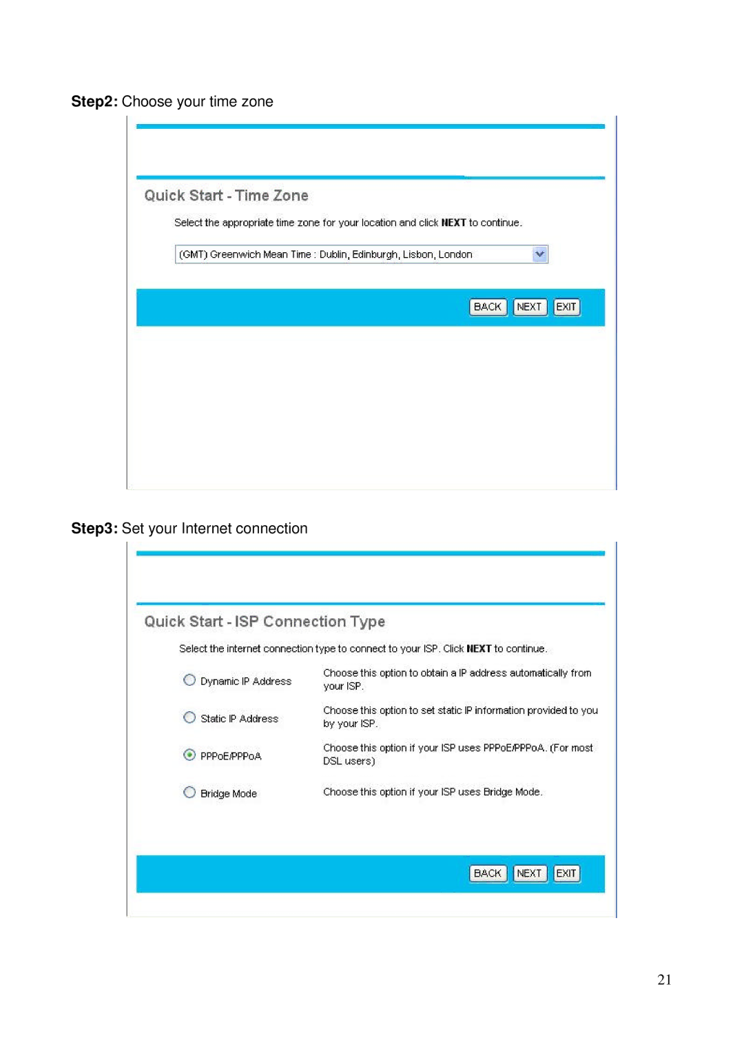 HP NRM42 manual Choose your time zone Set your Internet connection 