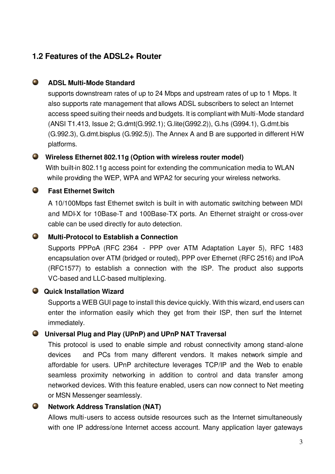 HP NRM42 manual Features of the ADSL2+ Router 