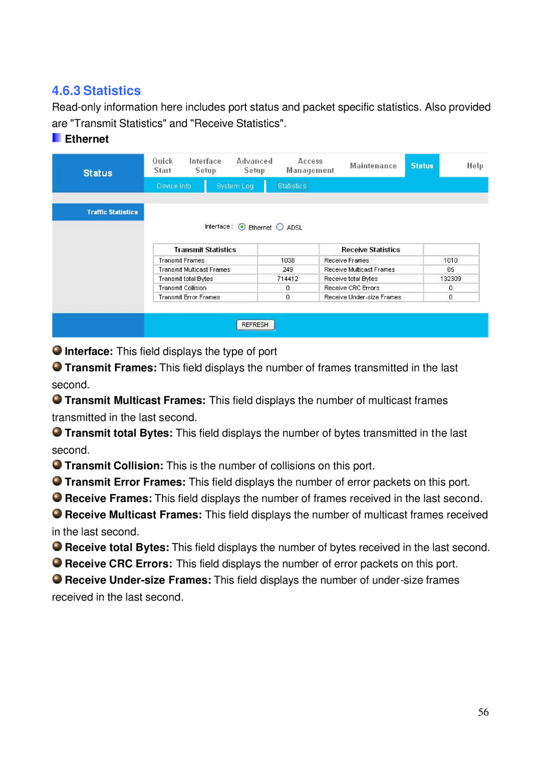 HP NRM42 manual Statistics, Ethernet 