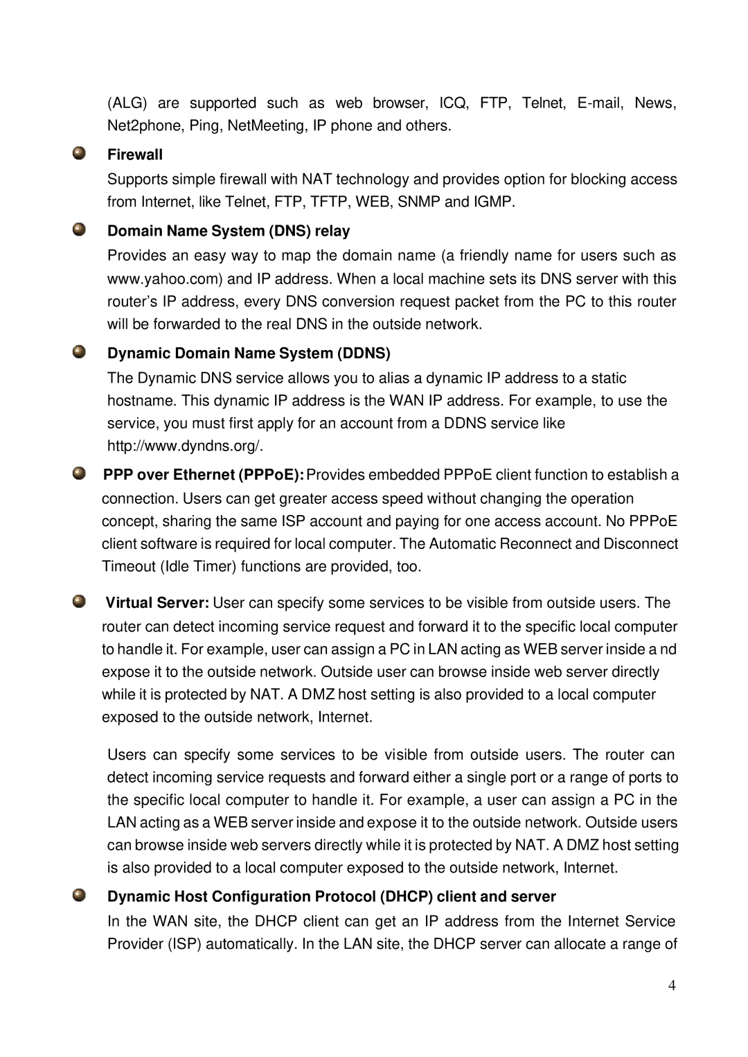 HP NRM42 manual Firewall, Dynamic Host Configuration Protocol Dhcp client and server 